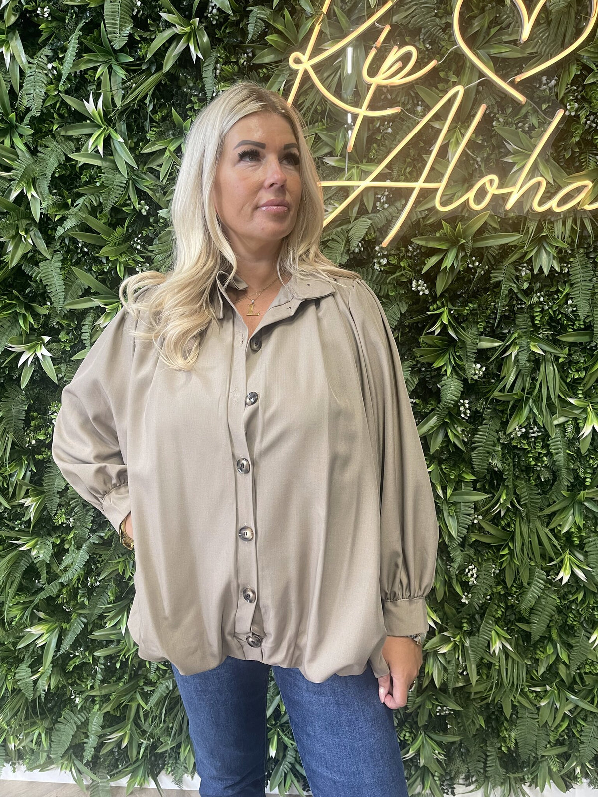 Bomber jasje knopen met pofmouwen taupe
