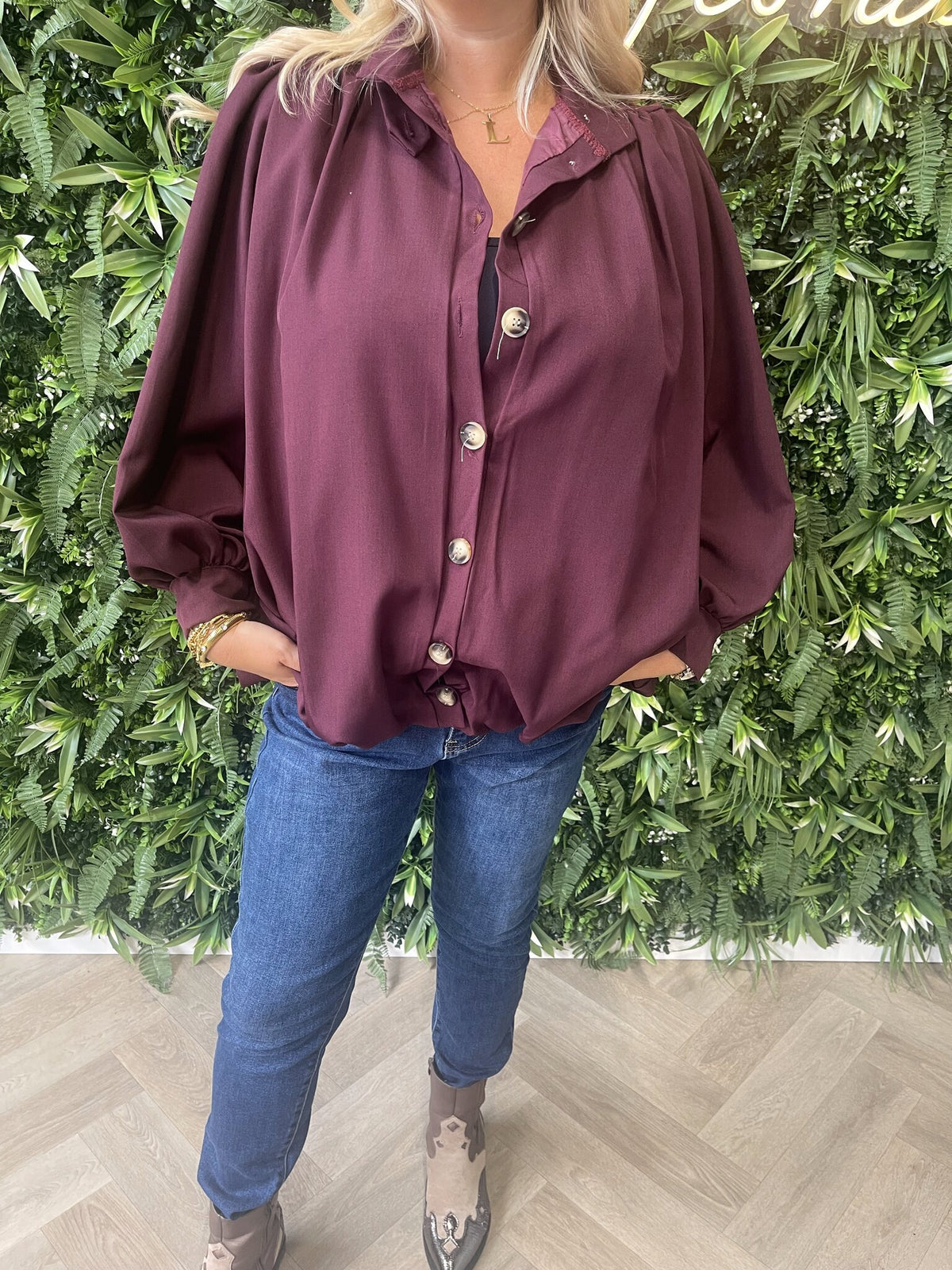 Bomber jasje knopen met pofmouwen aubergine