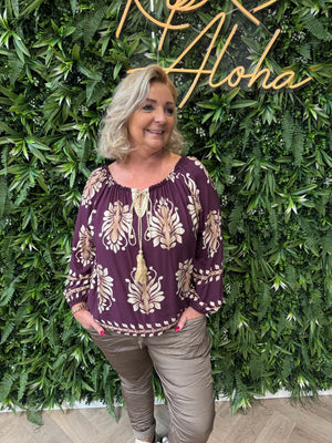 Top bloemen off-shoulder aubergine
