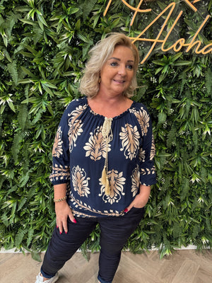 Top bloemen off-shoulder marineblauw