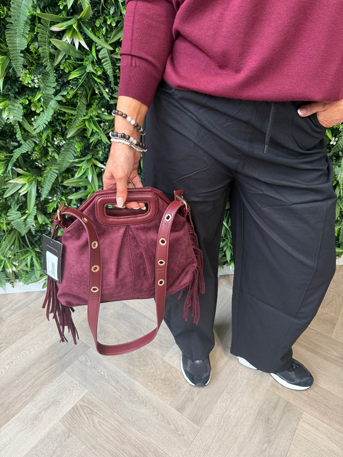 Tas suedelook met franjes bordeaux