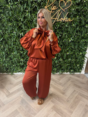 Silky blouse v-hals met strik brique