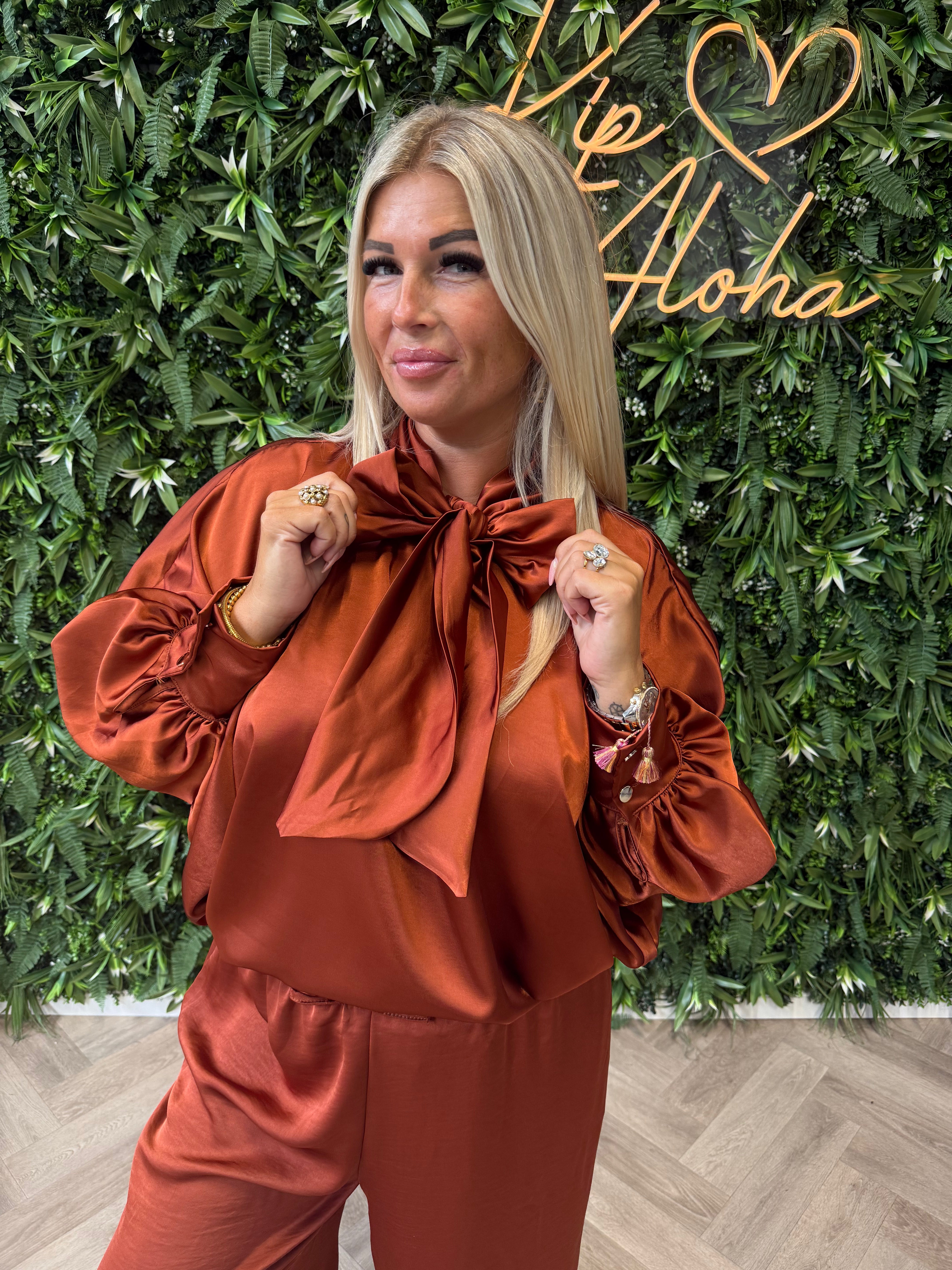 Silky blouse v-hals met strik brique