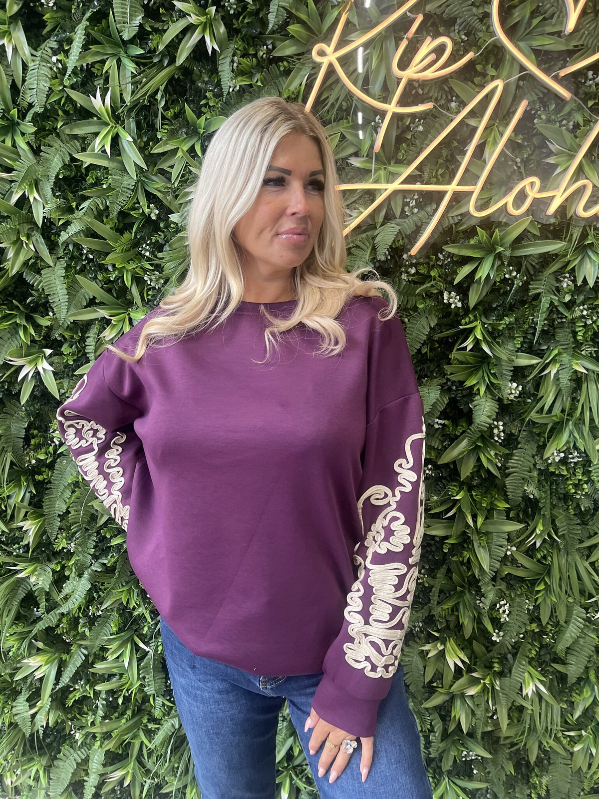 Sweater ronde hals met mouw detail paars