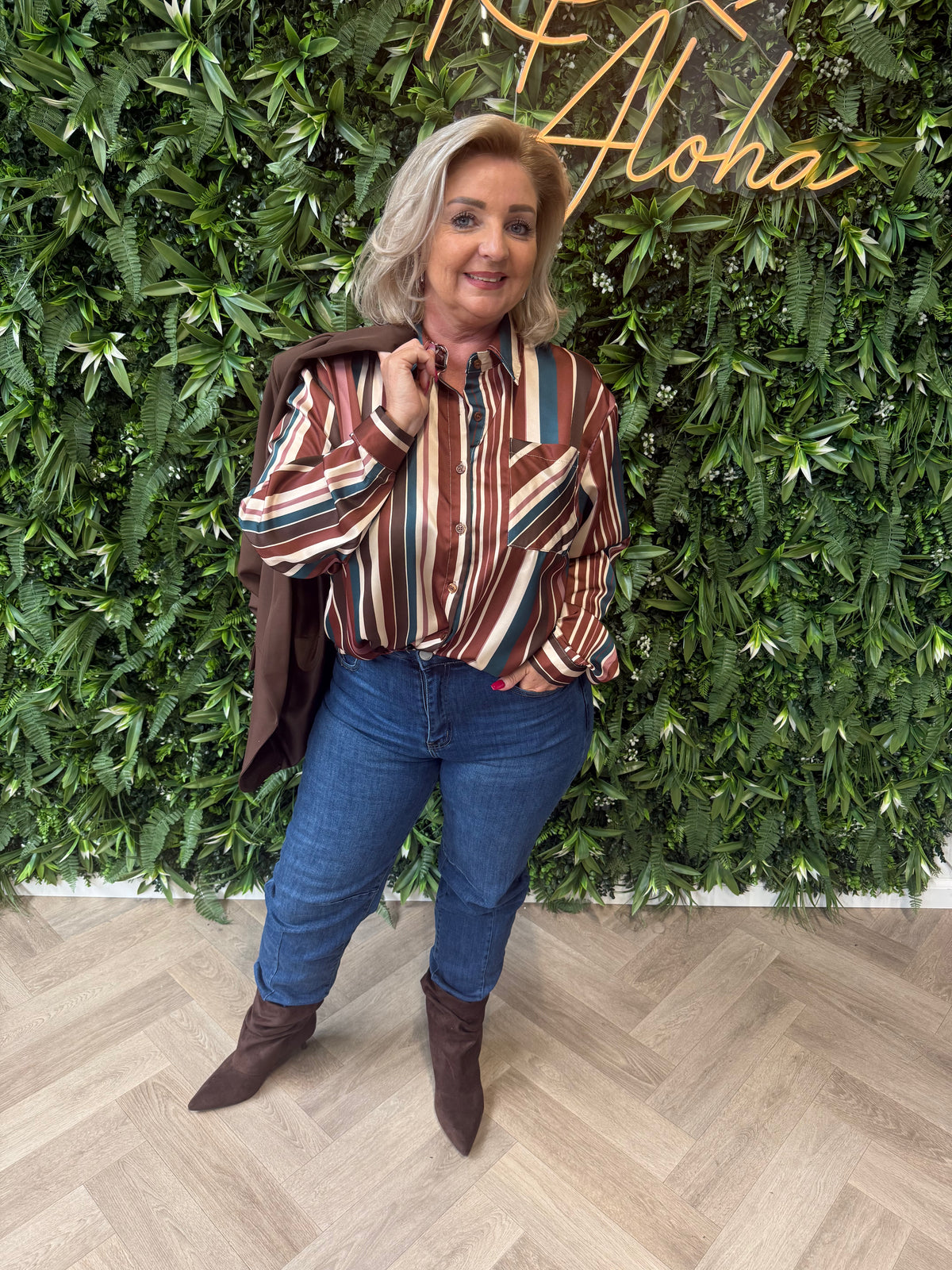 Blouse strepen met borstzakje petrol