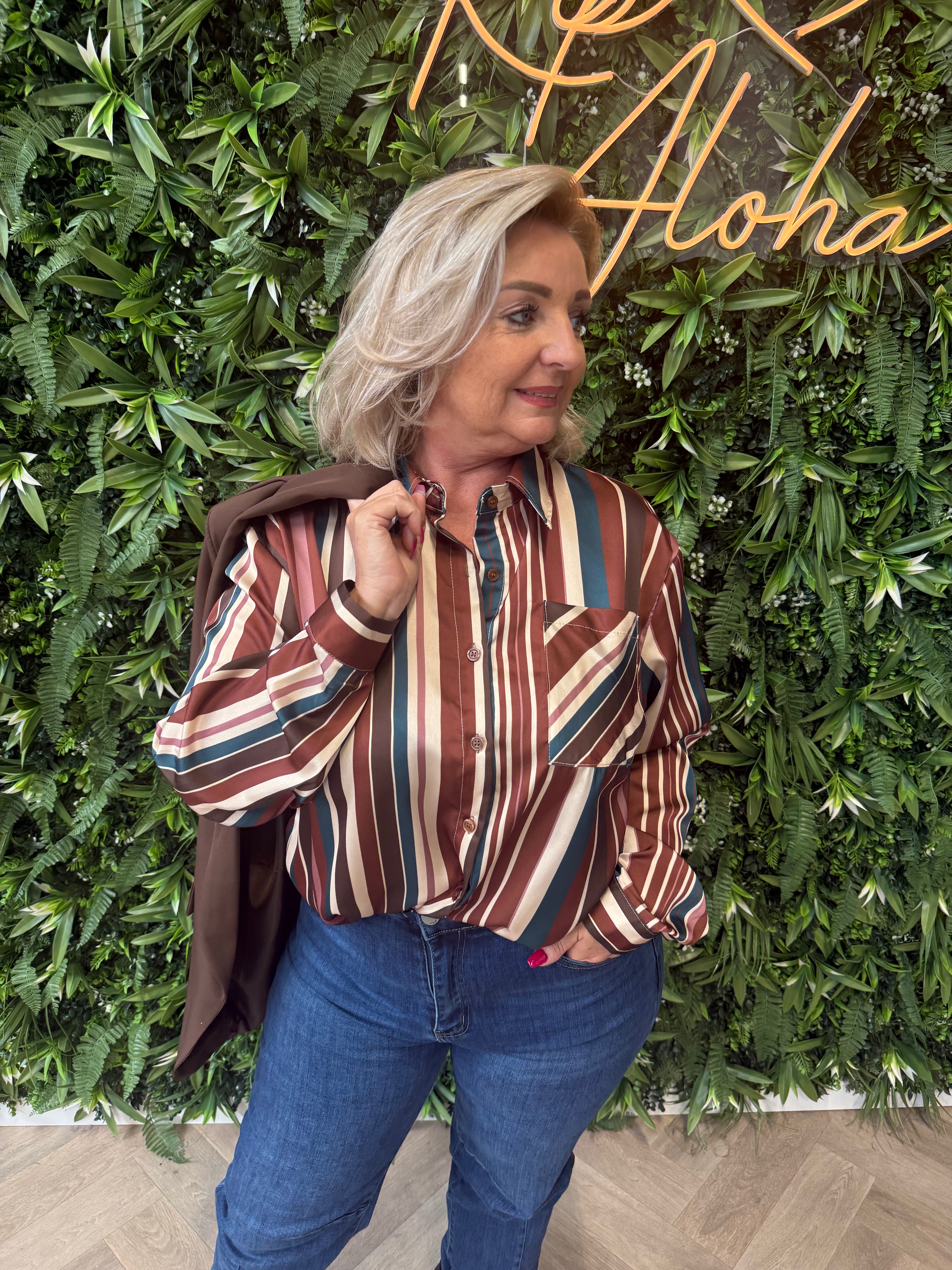 Blouse strepen met borstzakje petrol
