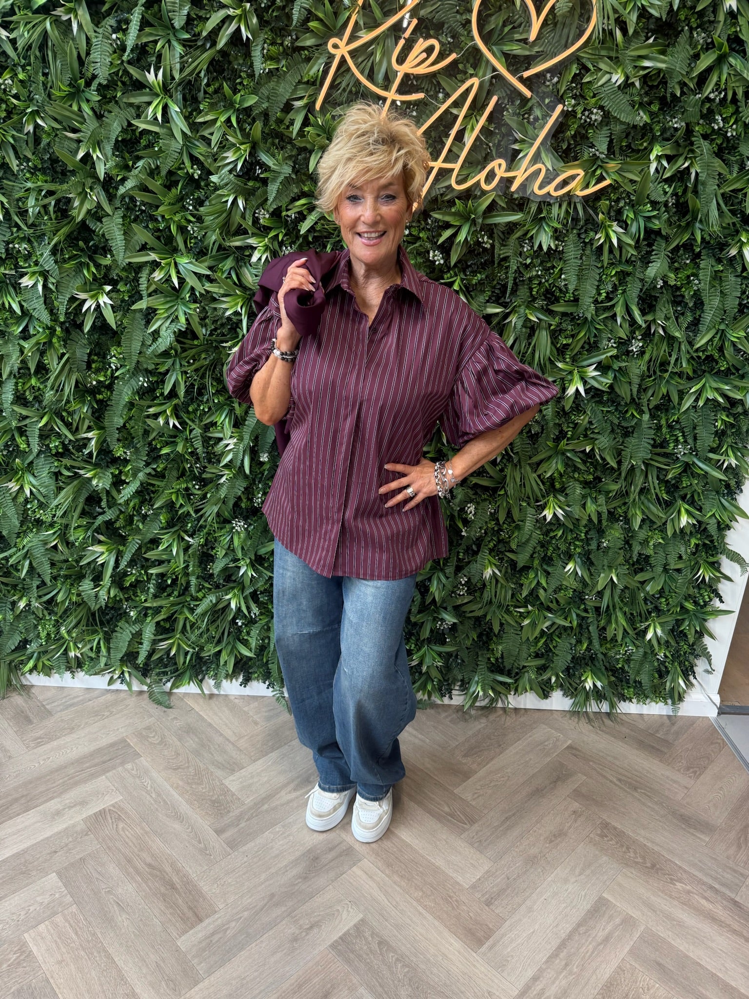 Blouse gestreept met pofmouwen bordeaux