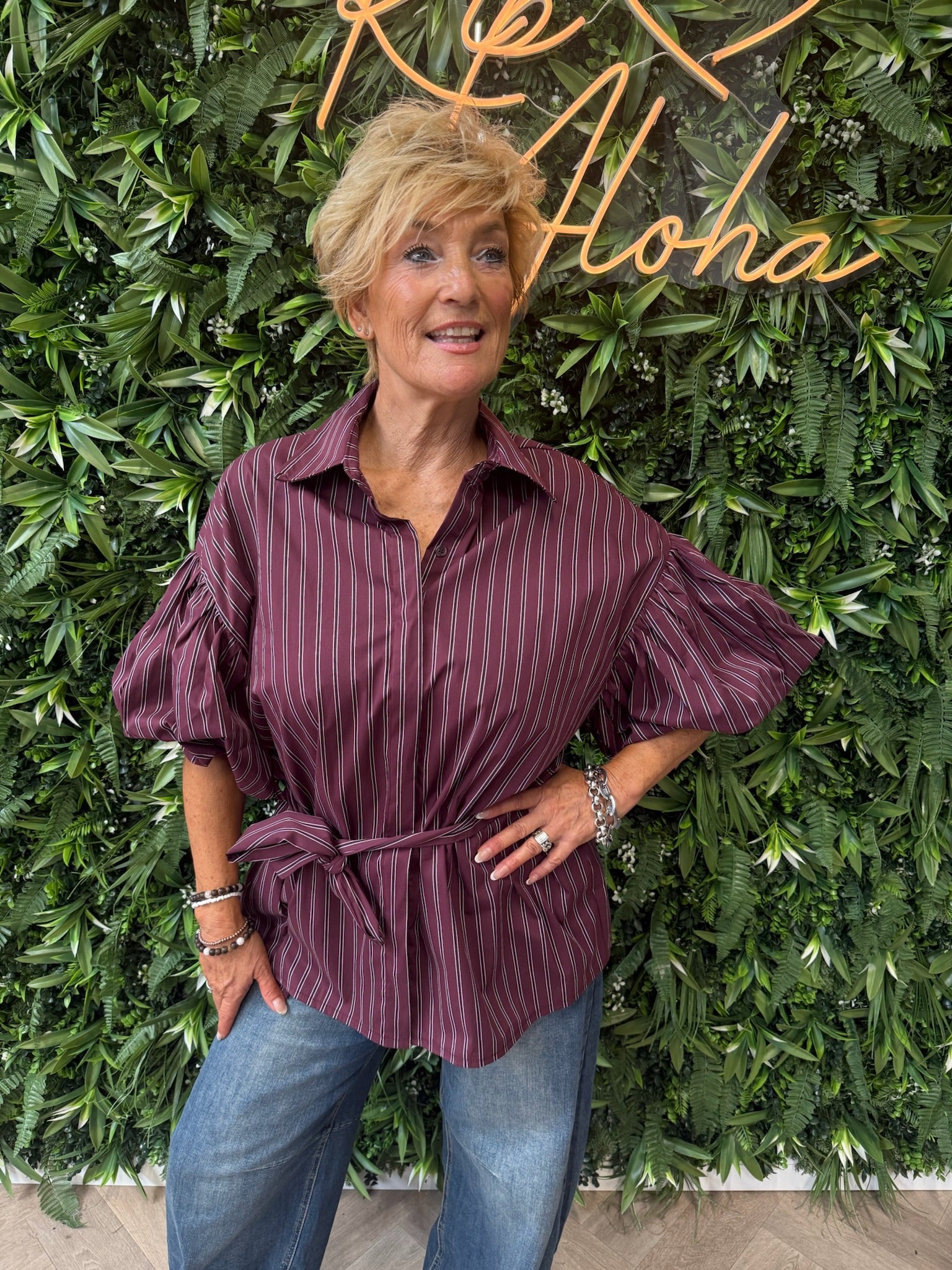 Blouse gestreept met pofmouwen bordeaux