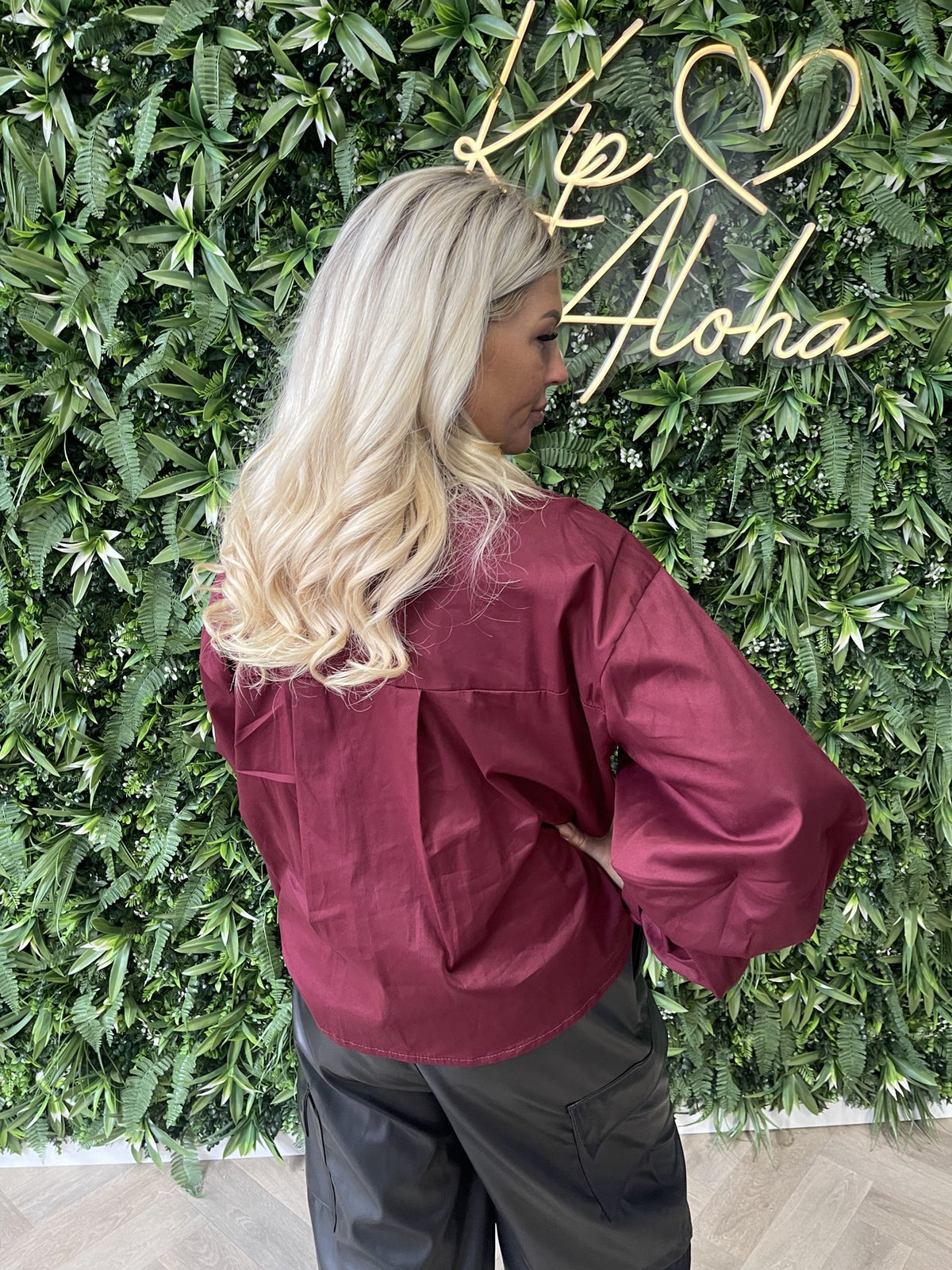 Blouse met wijde ballon mouwen uni bordeaux