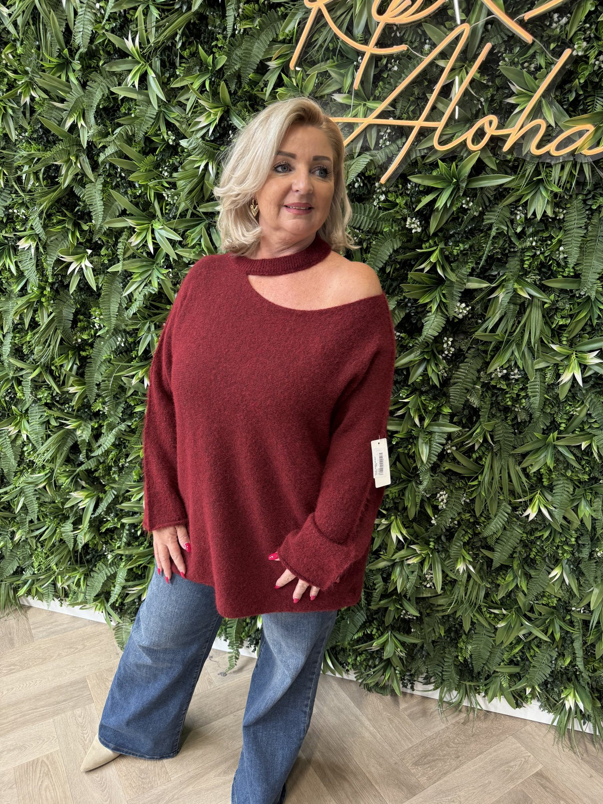 Trui off-shoulder hals detail bordeaux