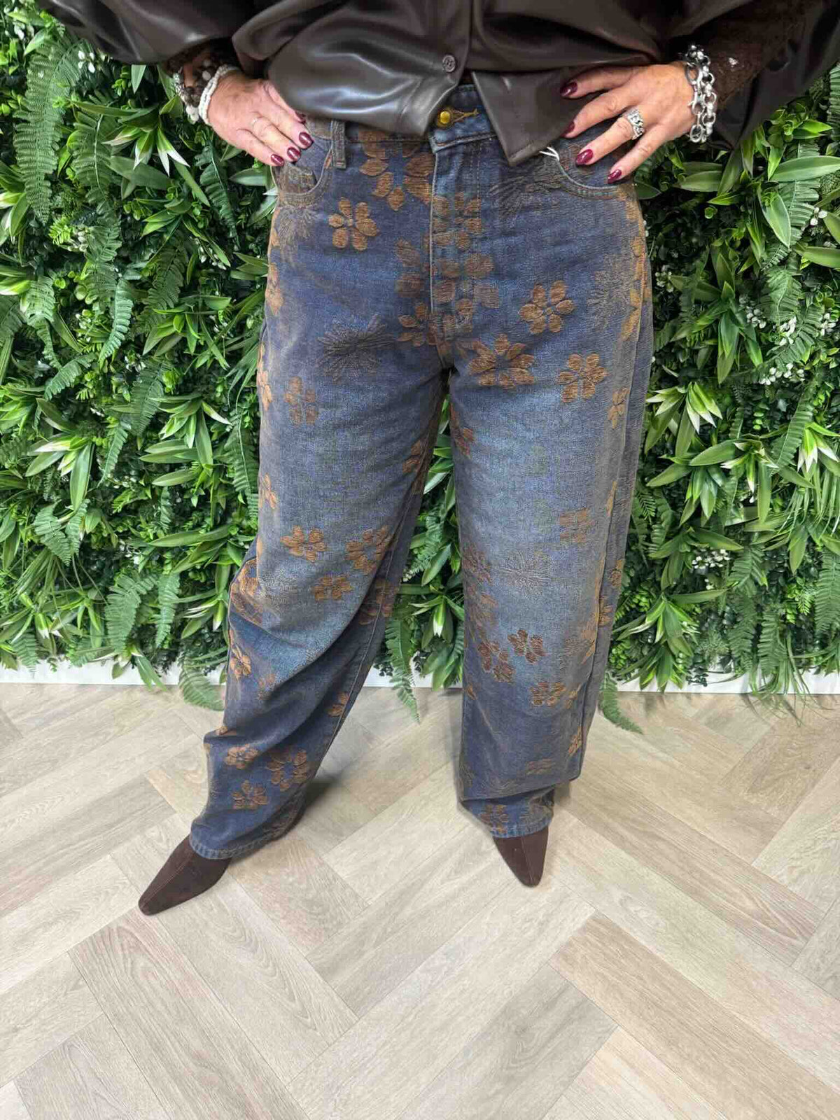 Marivy flower jeans middenblauw/bruin