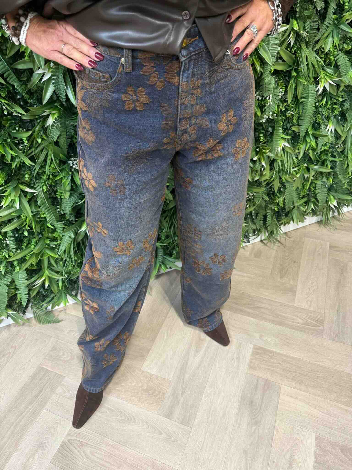Marivy flower jeans middenblauw/bruin