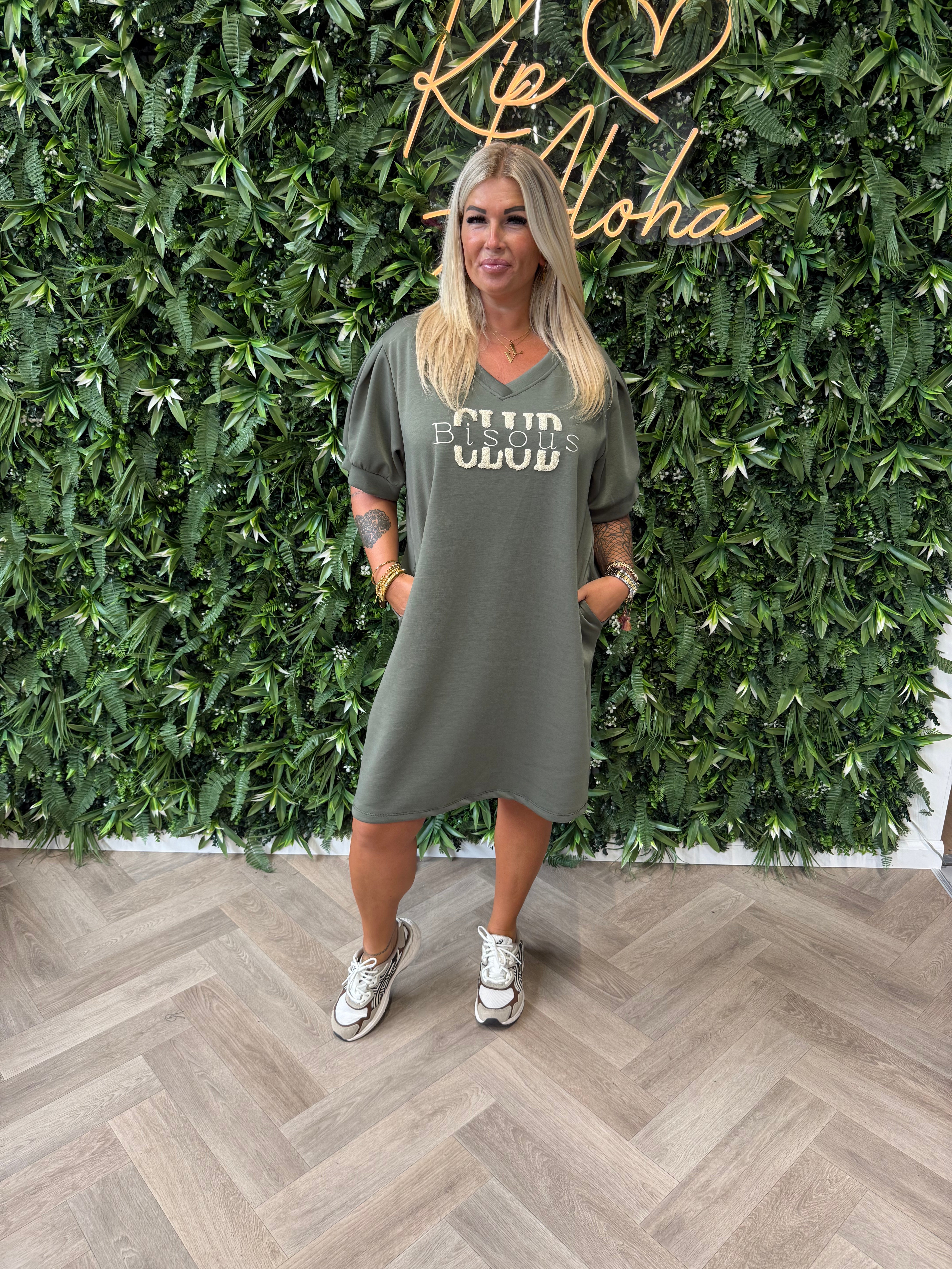 T-shirt dress pofmouwen bisous legergroen
