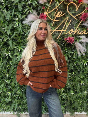 Gebreide trui turtle neck streepjes roest