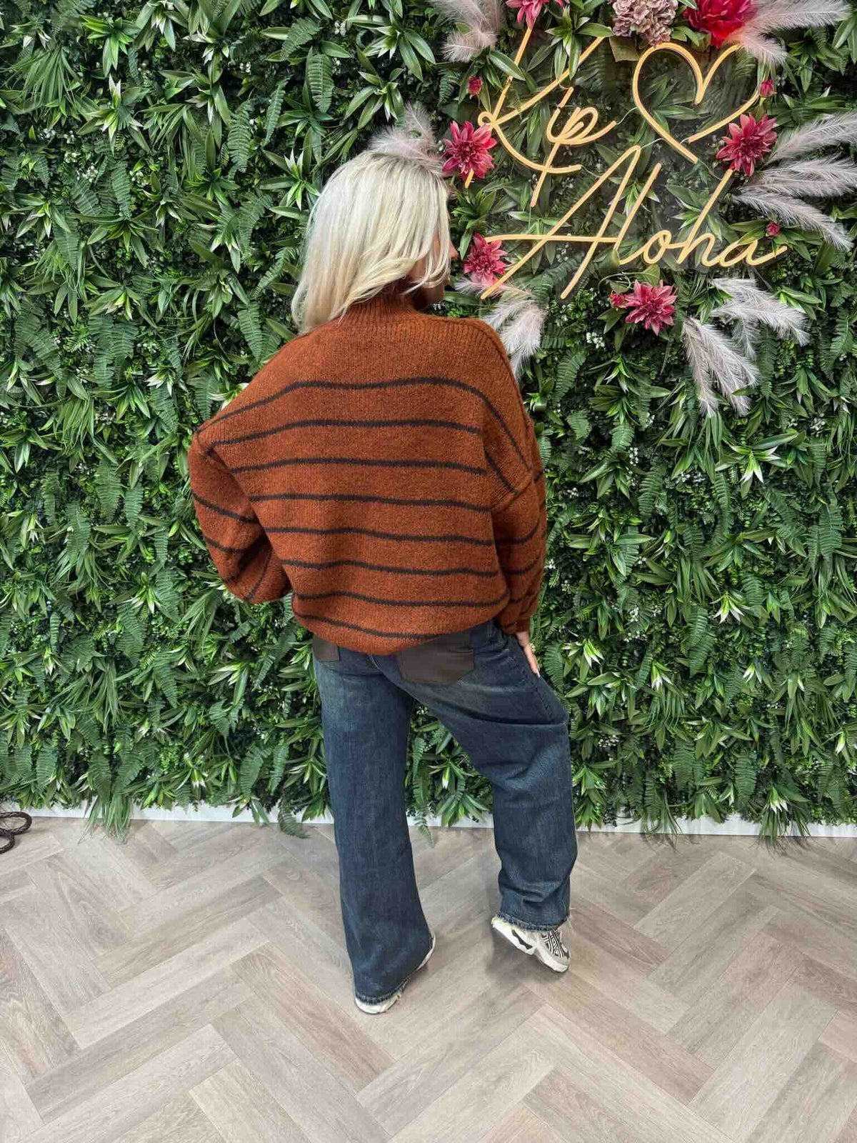 Gebreide trui turtle neck streepjes roest