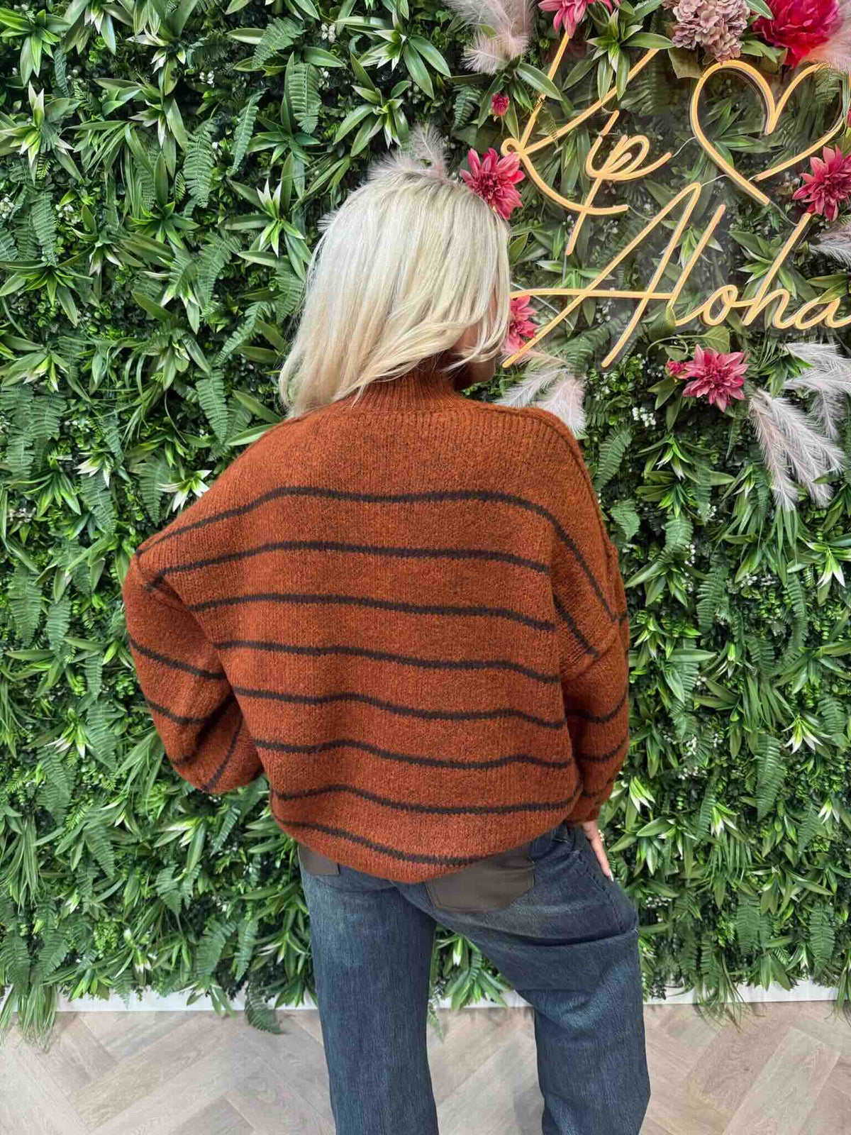 Gebreide trui turtle neck streepjes roest