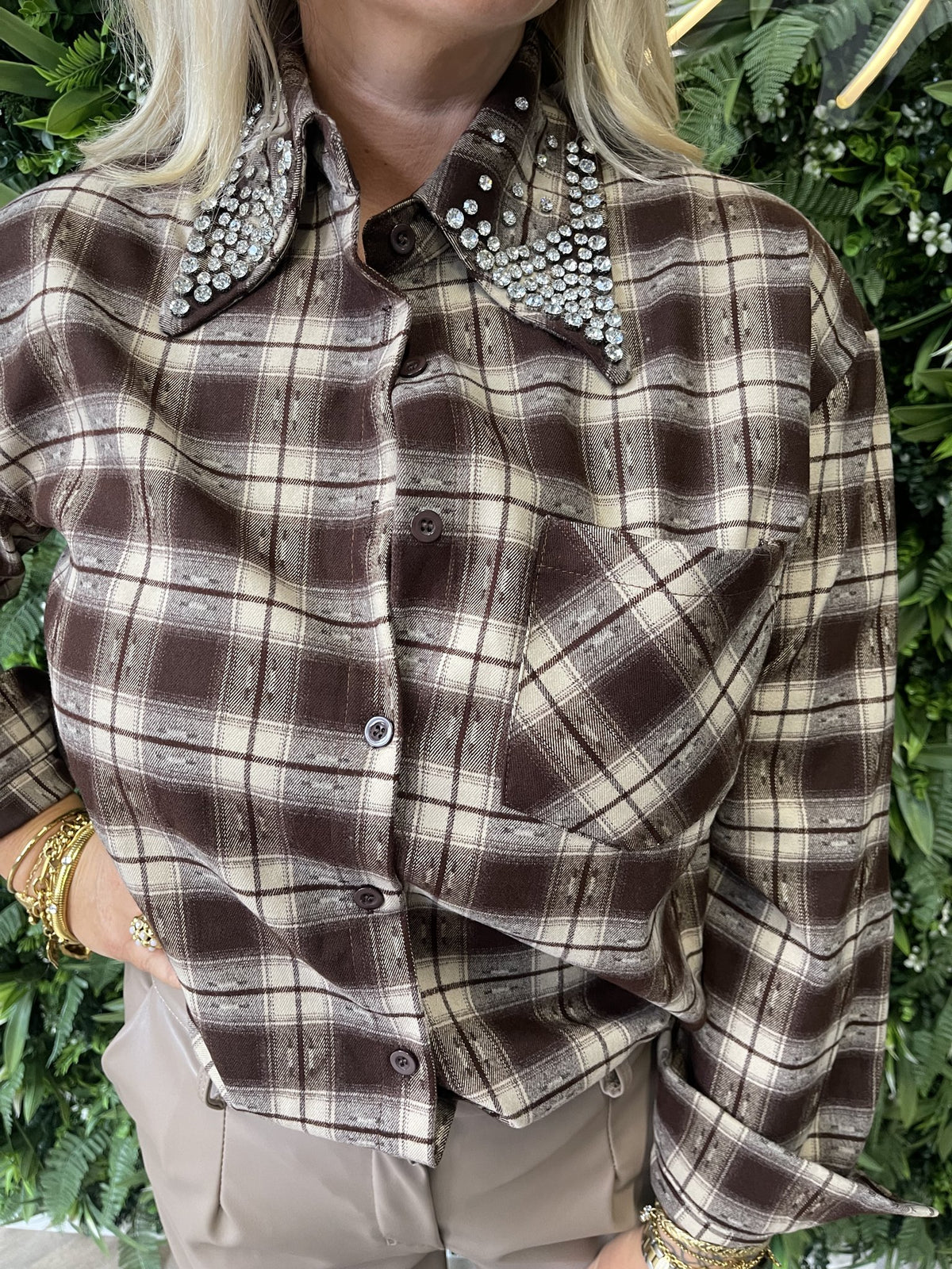 Blouse ruiten met strass donkerbruin