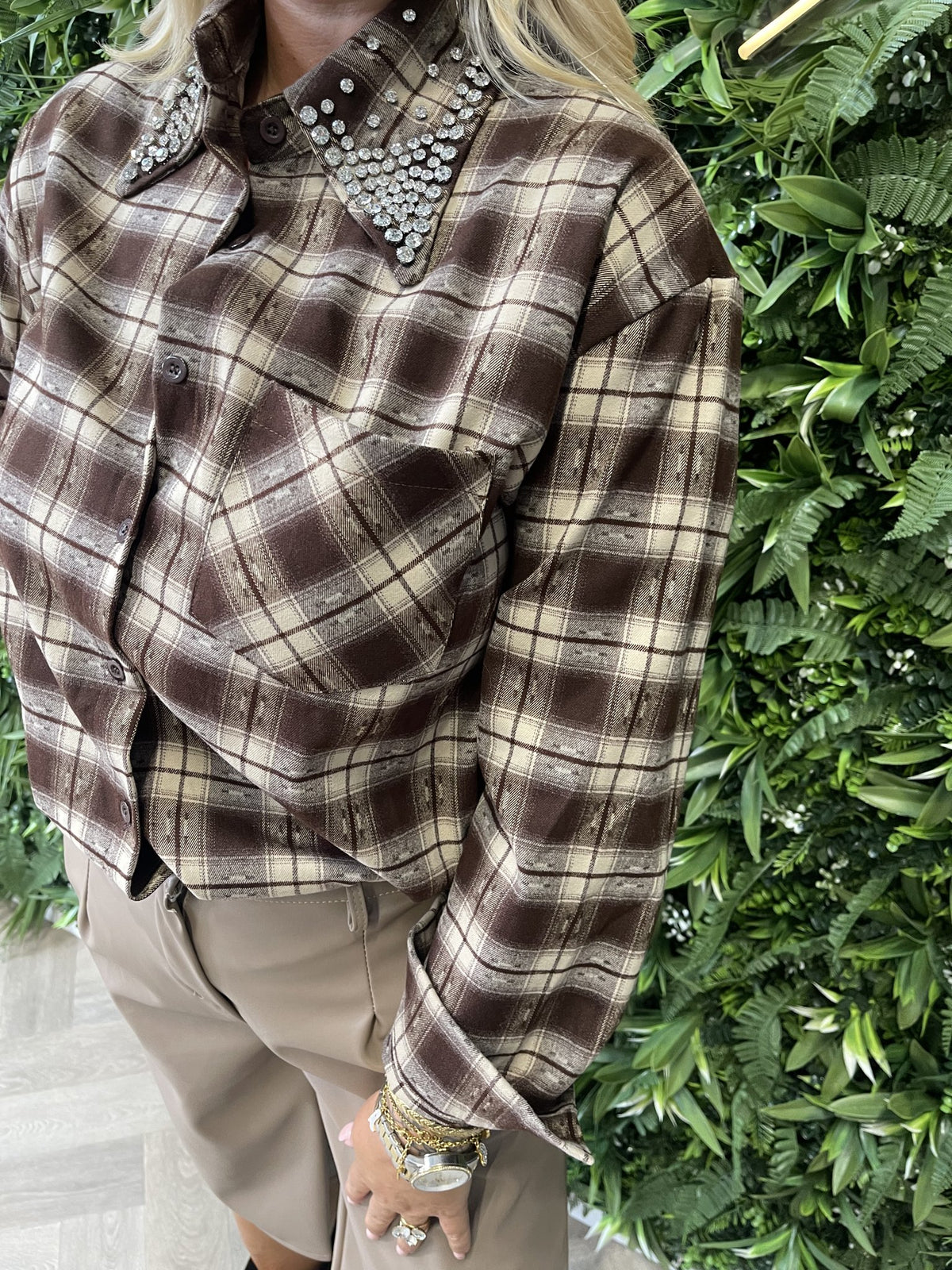 Blouse ruiten met strass donkerbruin