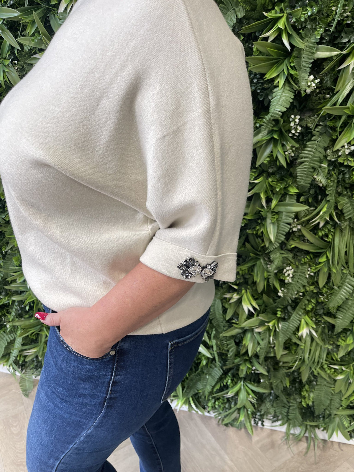 Trui korte vleermuismouwen met strass beige