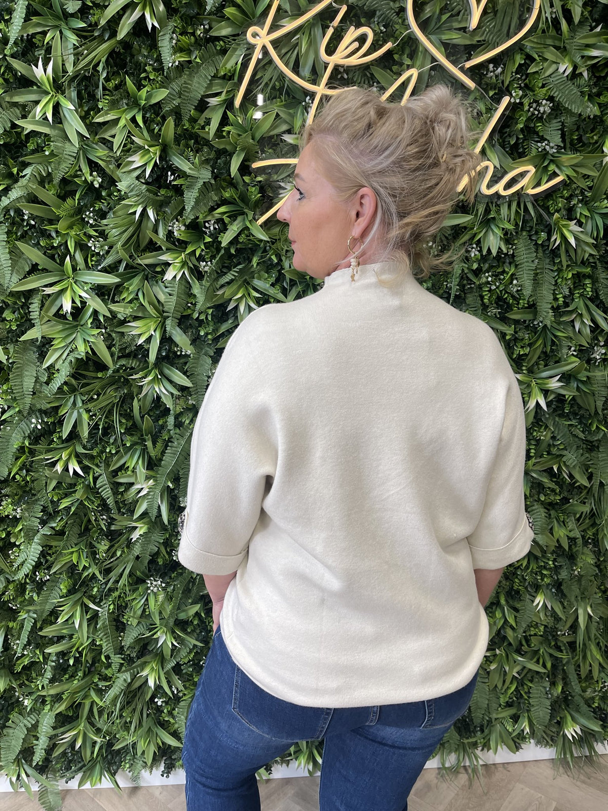 Trui korte vleermuismouwen met strass beige