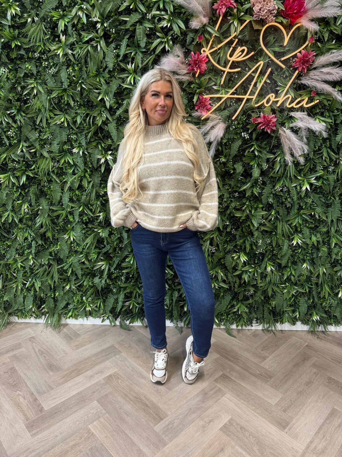 Gebreide trui turtle neck streepjes beige