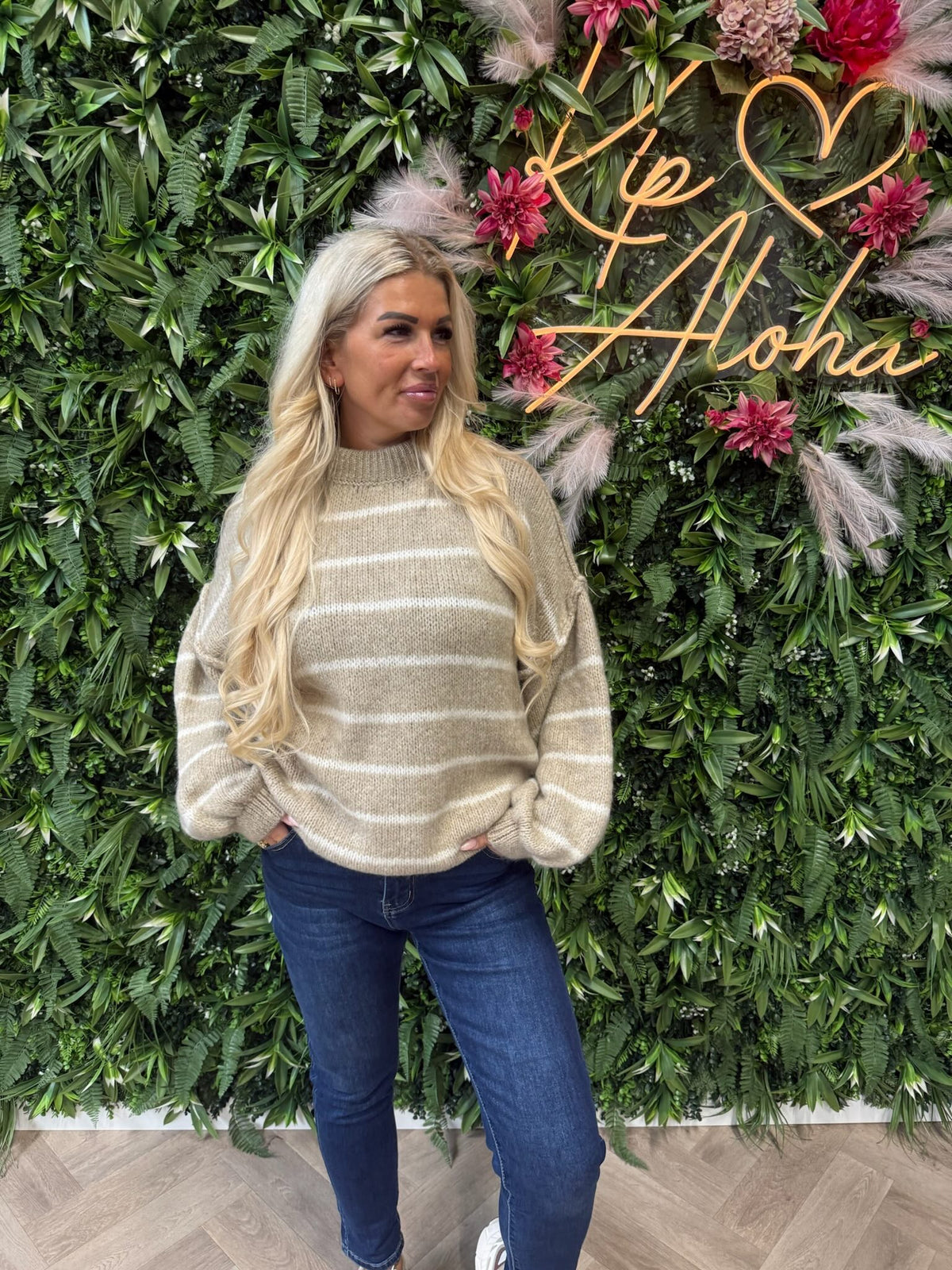 Gebreide trui turtle neck streepjes beige