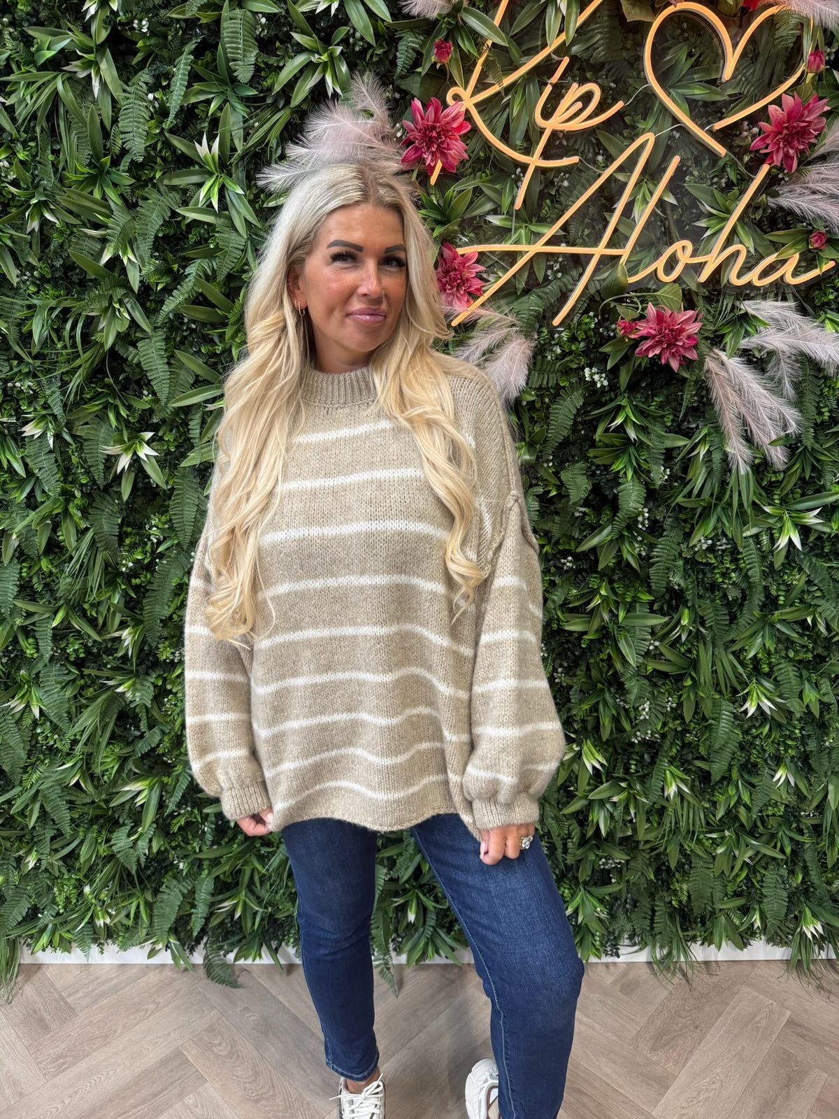 Gebreide trui turtle neck streepjes beige