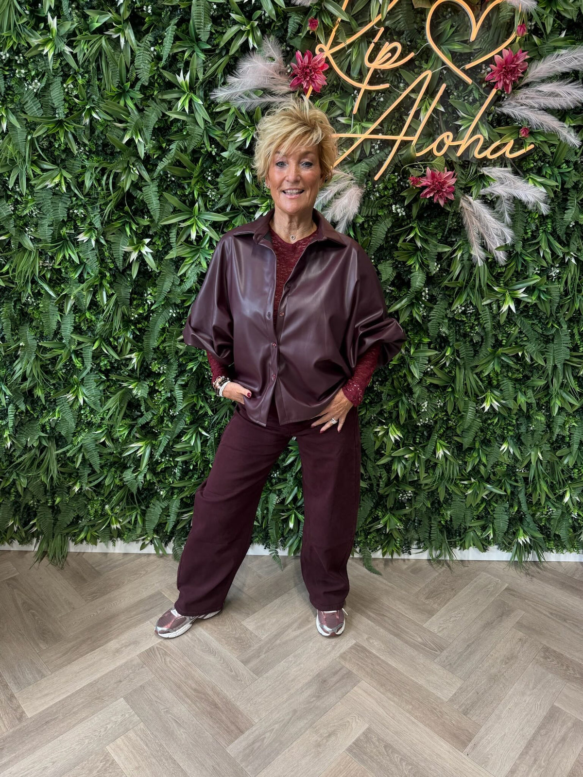 Leatherlook blouse pofmouwen aubergine