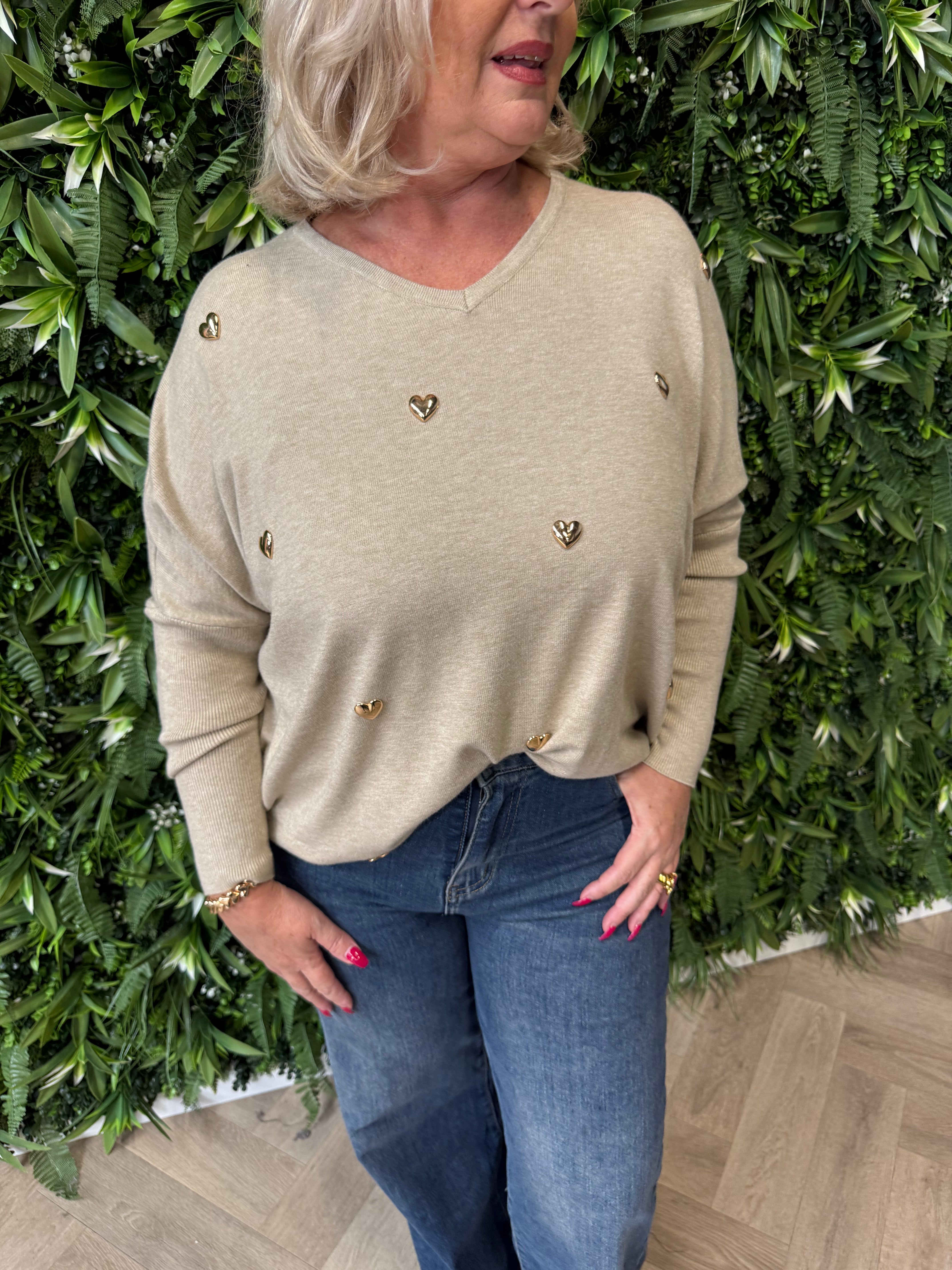 Lange trui hartjes beige