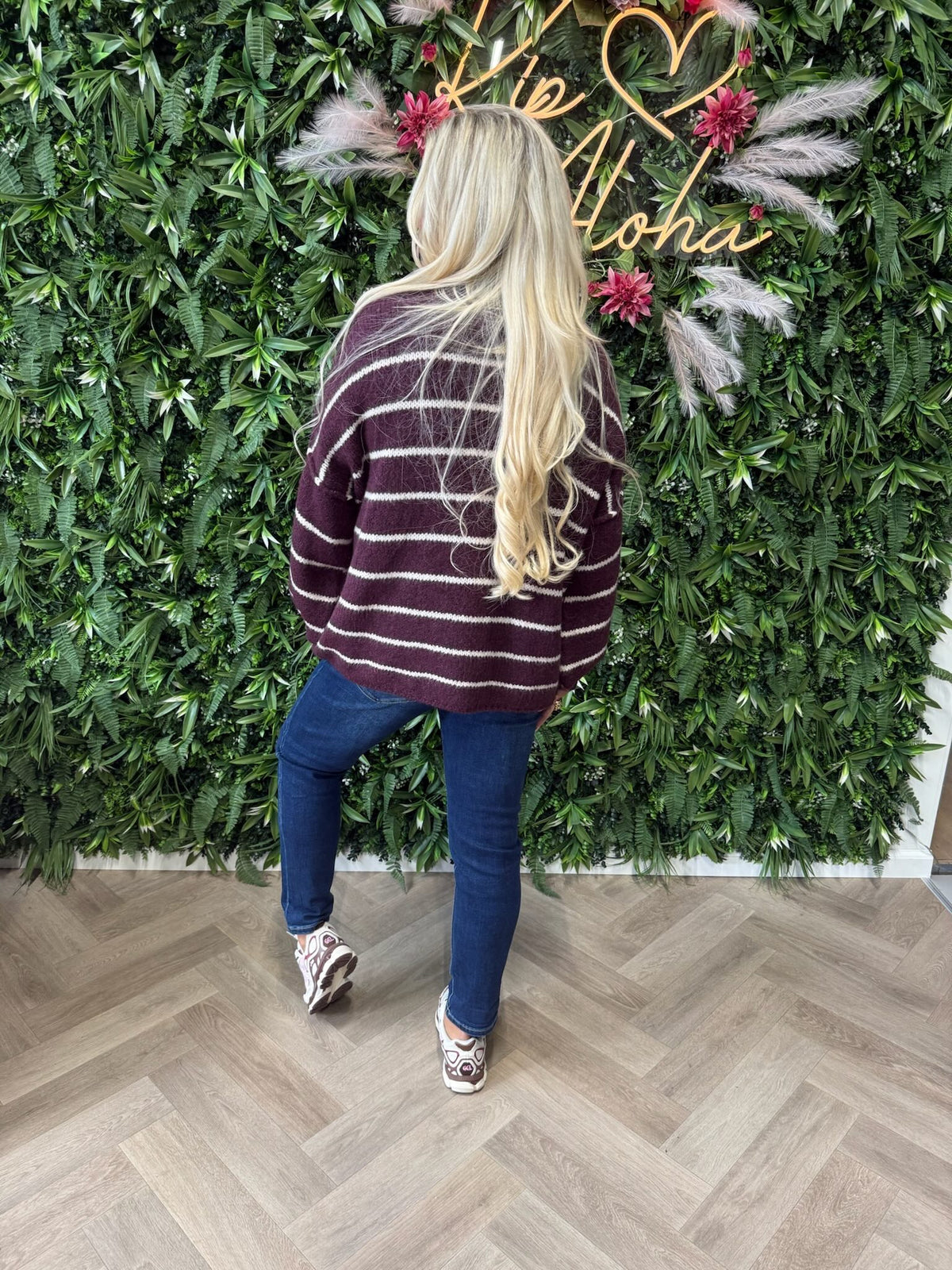 Gebreide trui turtle neck streepjes aubergine
