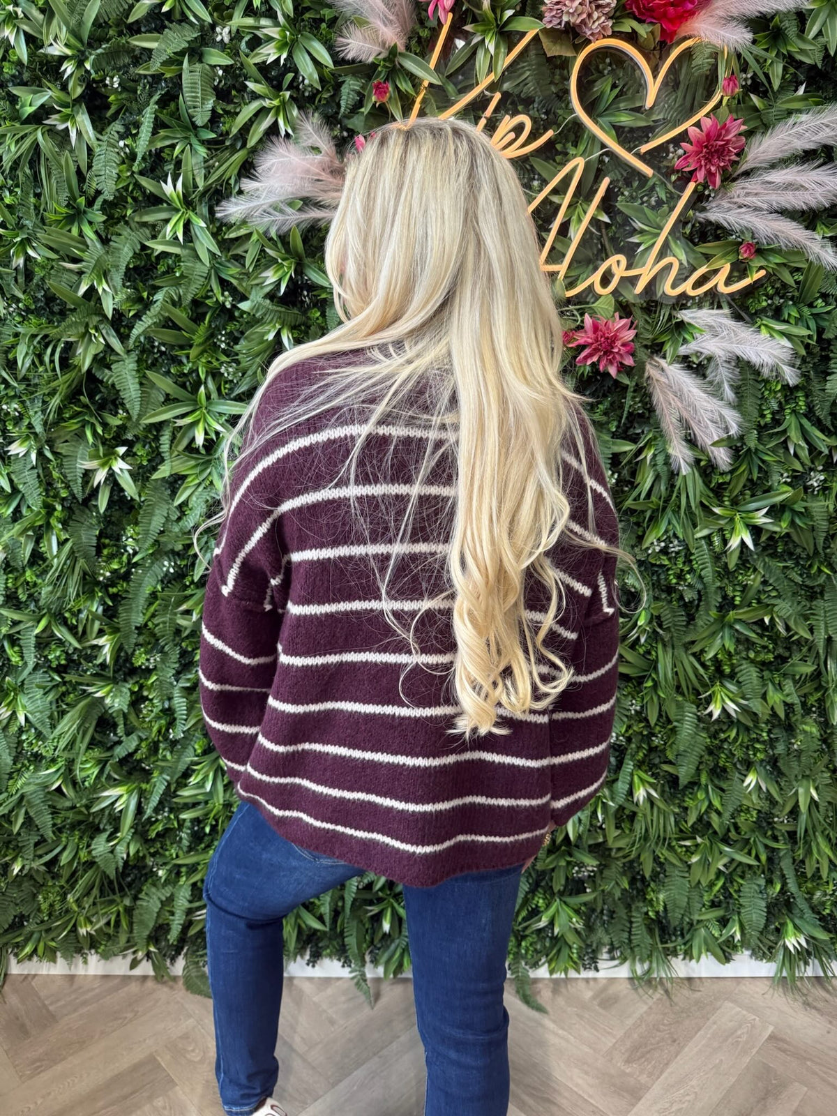 Gebreide trui turtle neck streepjes aubergine