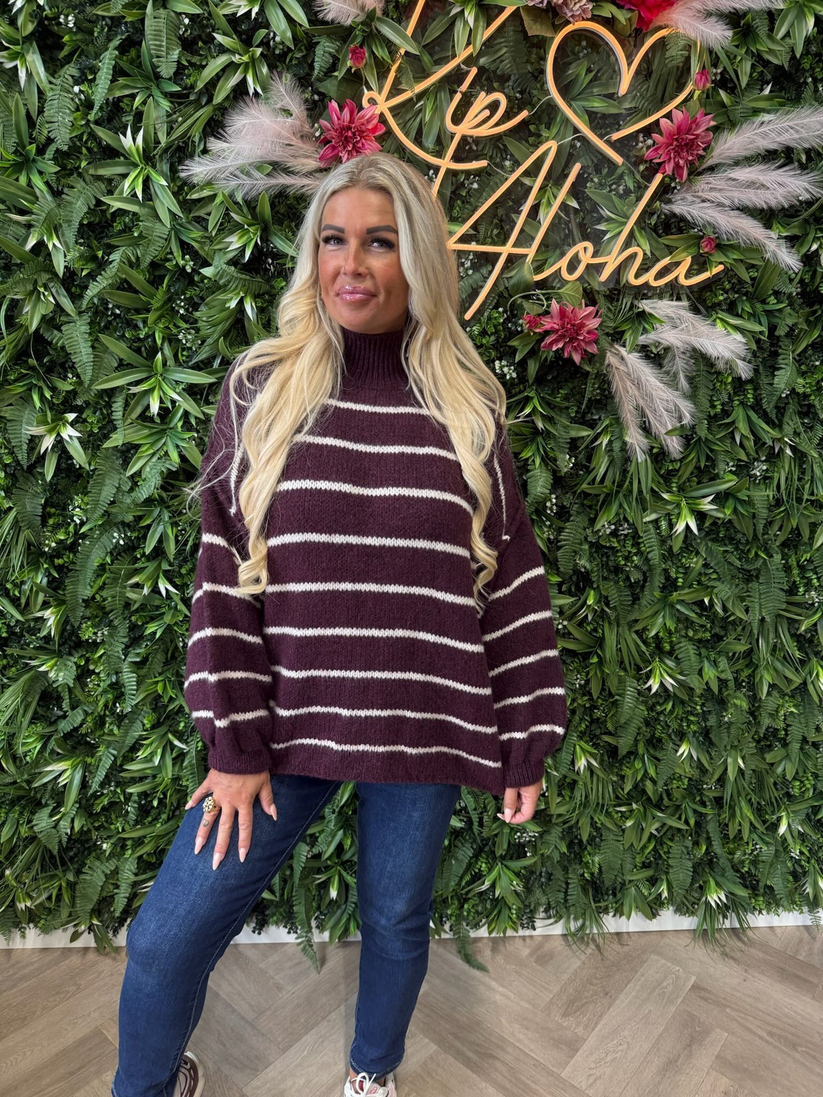 Gebreide trui turtle neck streepjes aubergine