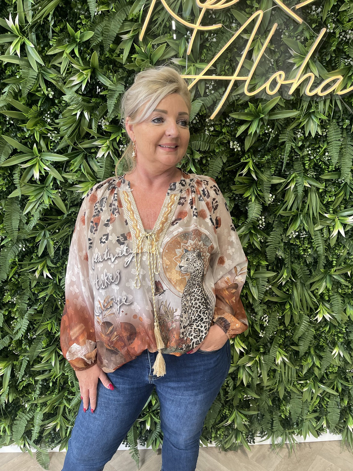 Blouse mixed prints beige/brique