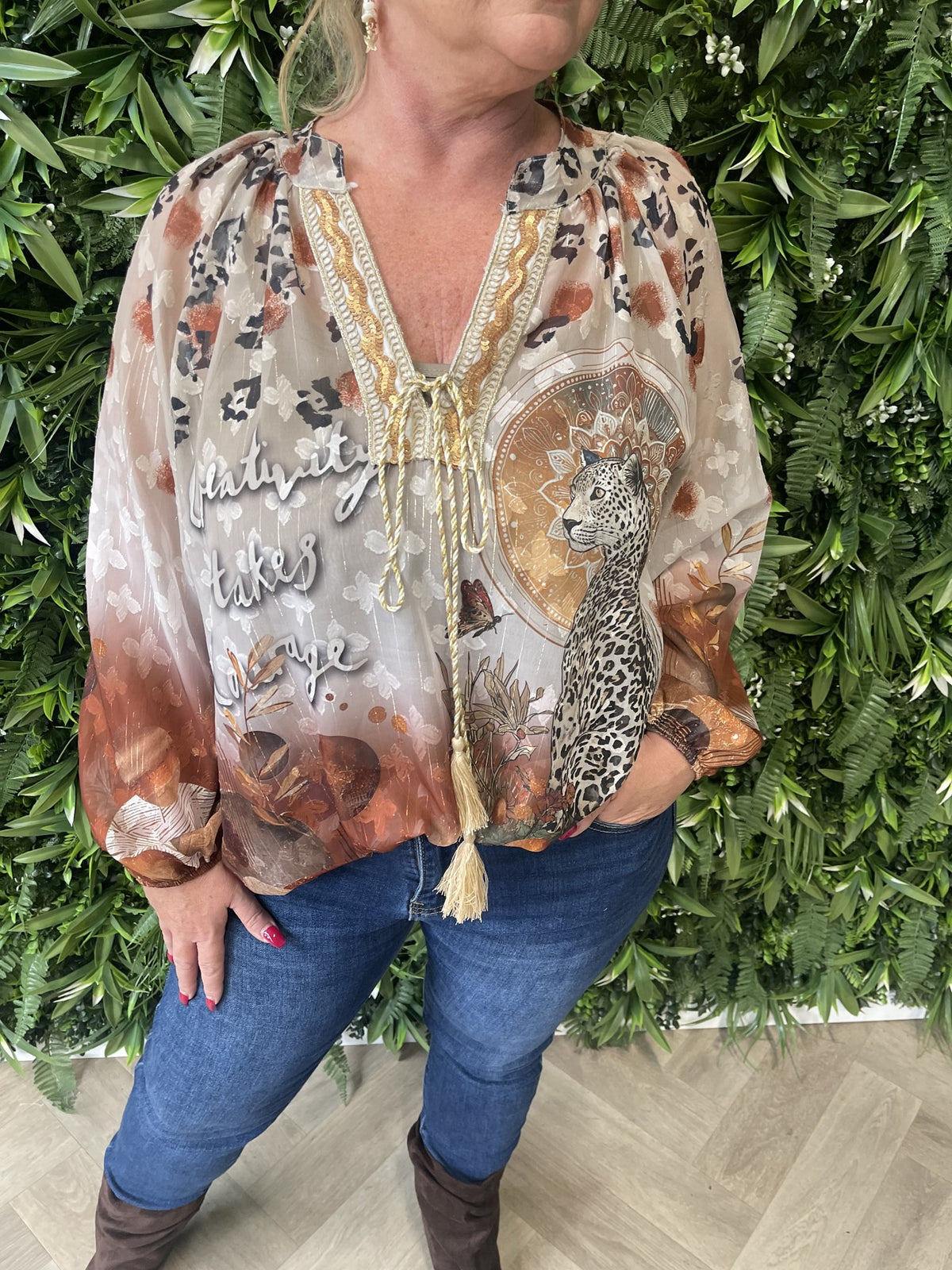Blouse mixed prints beige/brique