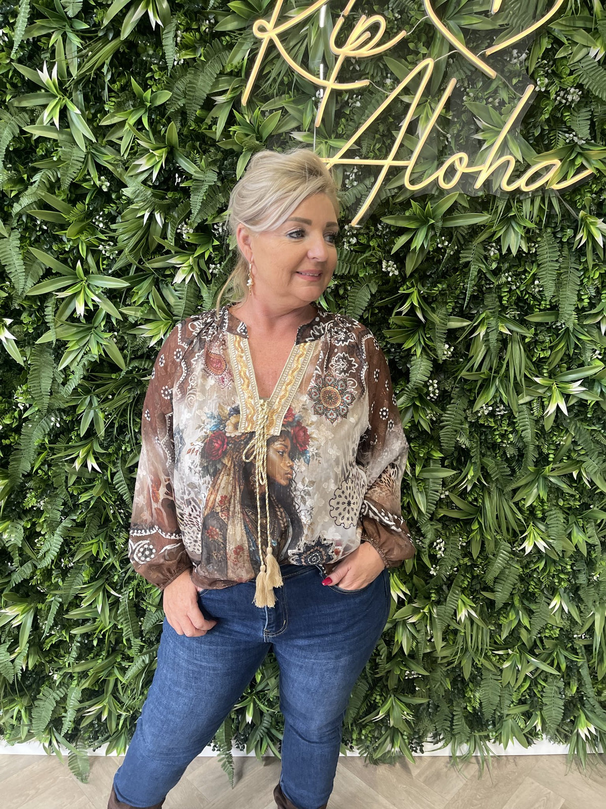 Blouse mixed prints bruin/beige