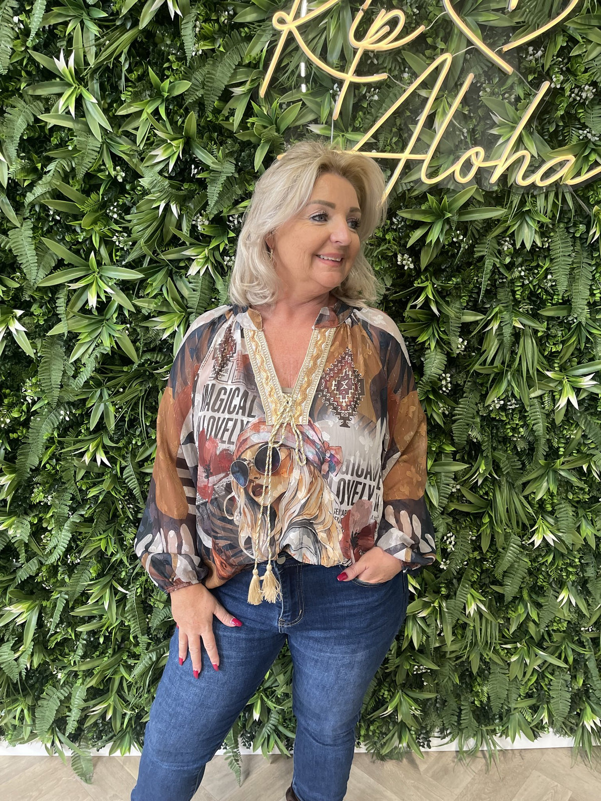 Blouse mixed prints zwart/camel