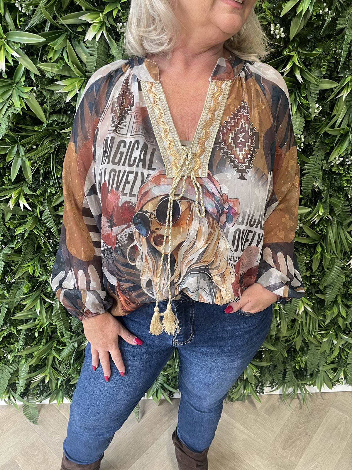 Blouse mixed prints zwart/camel