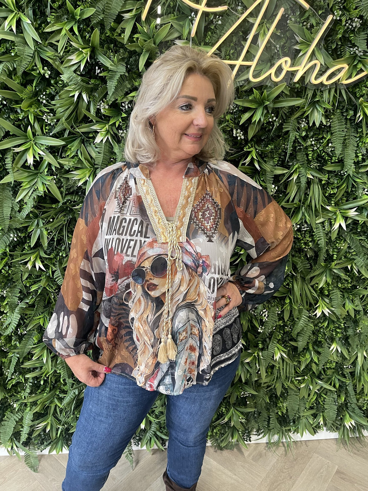 Blouse mixed prints zwart/camel