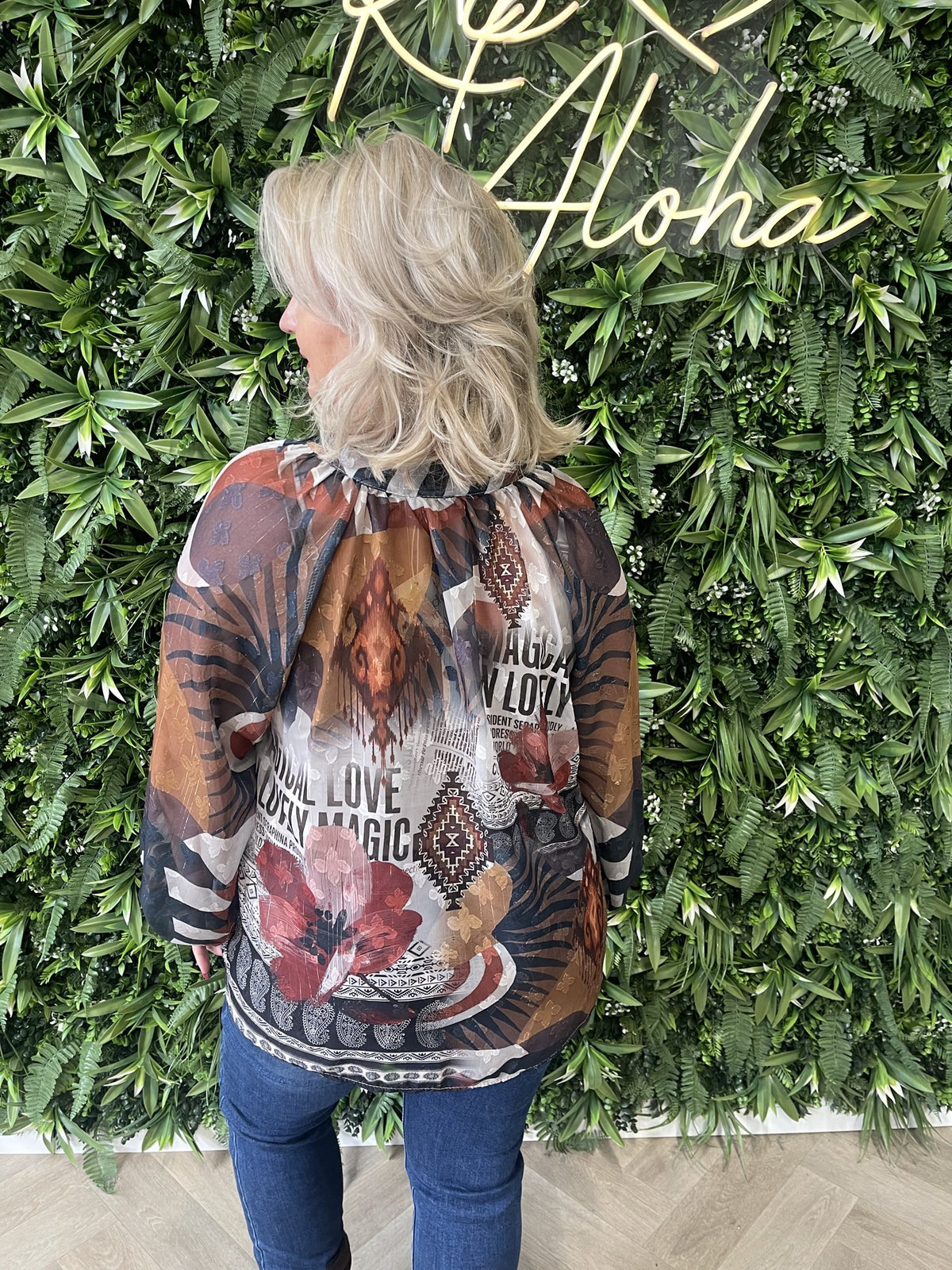 Blouse mixed prints zwart/camel