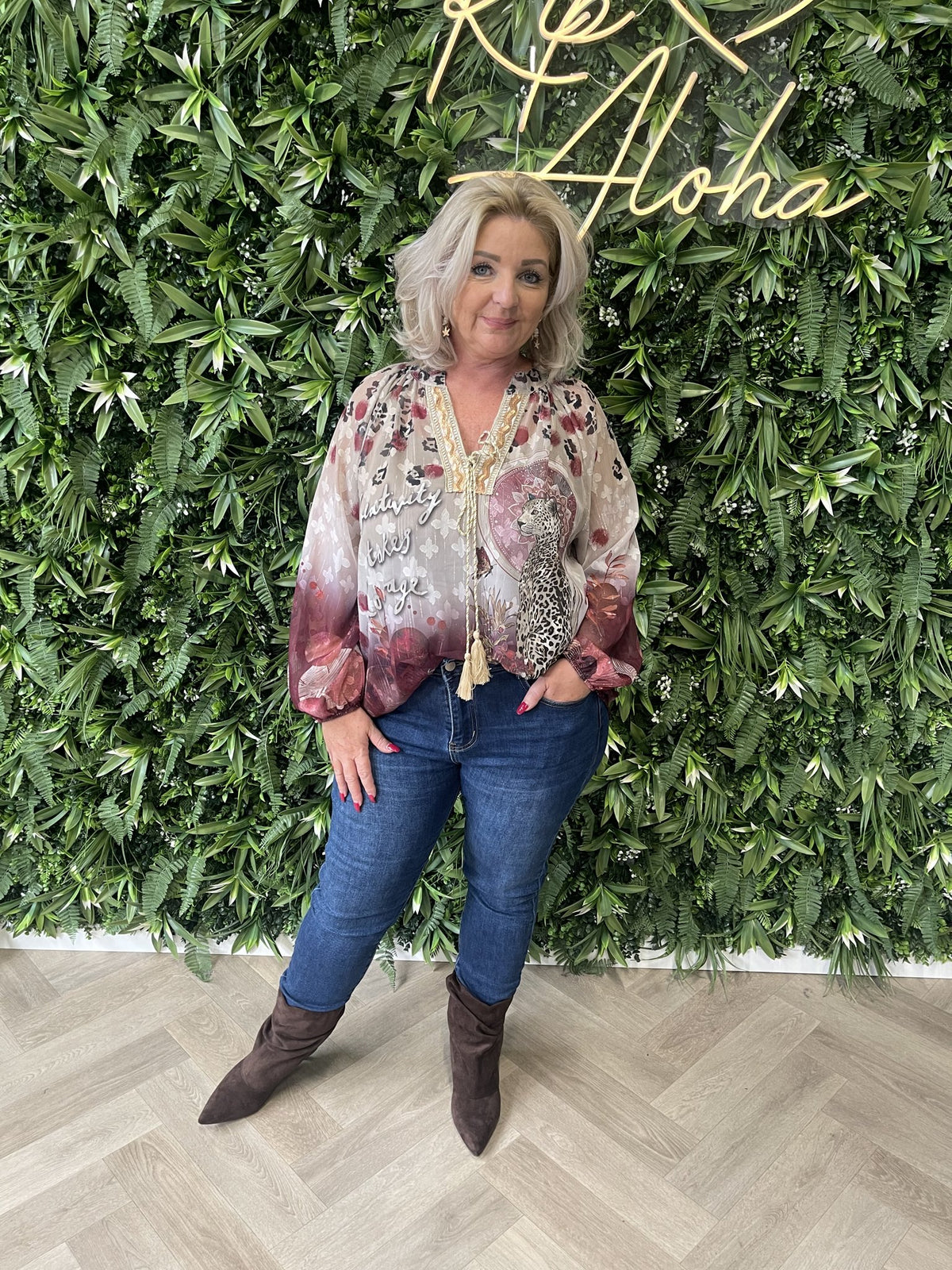 Blouse mixed prints beige/bordeaux
