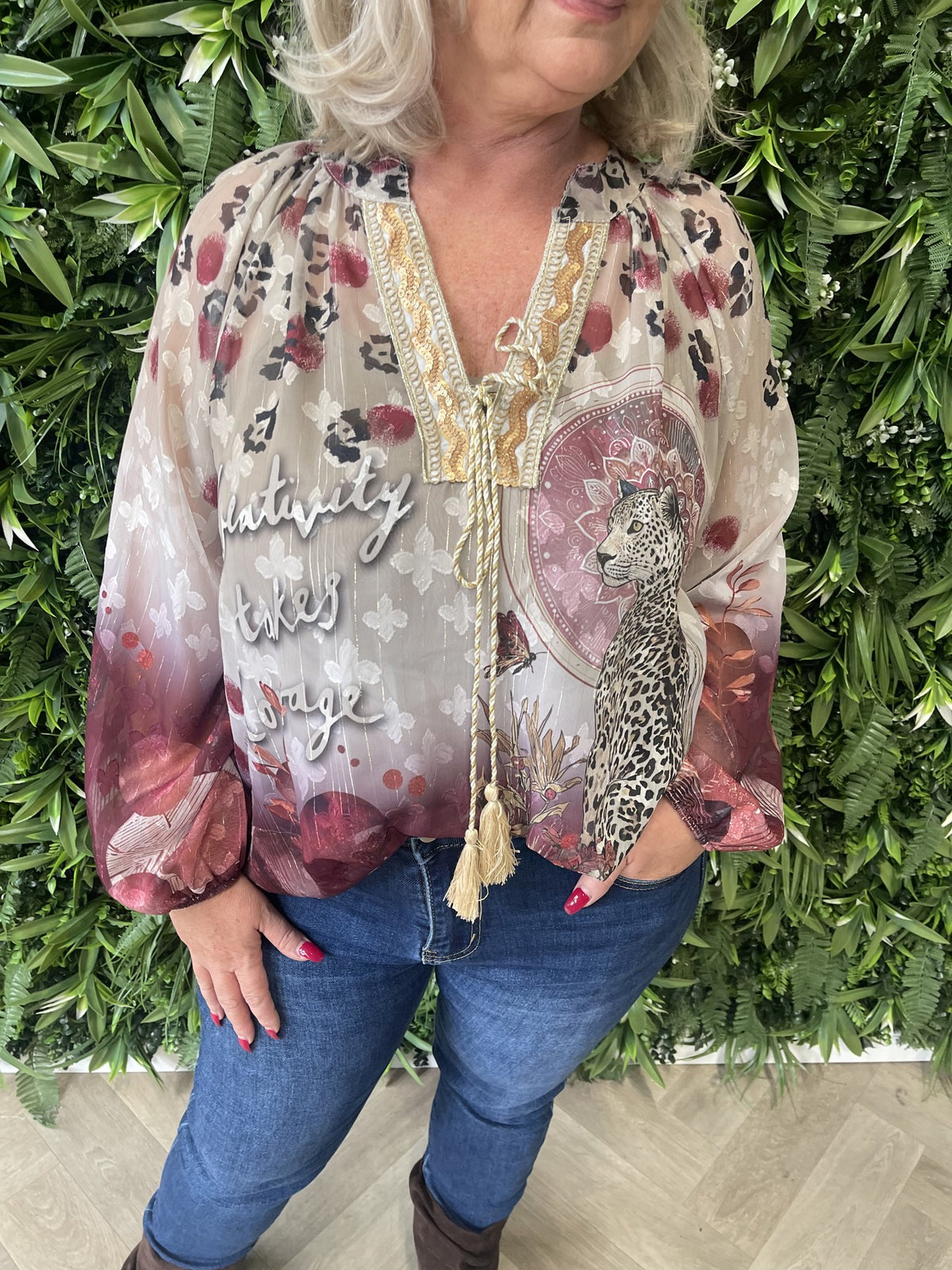 Blouse mixed prints beige/bordeaux