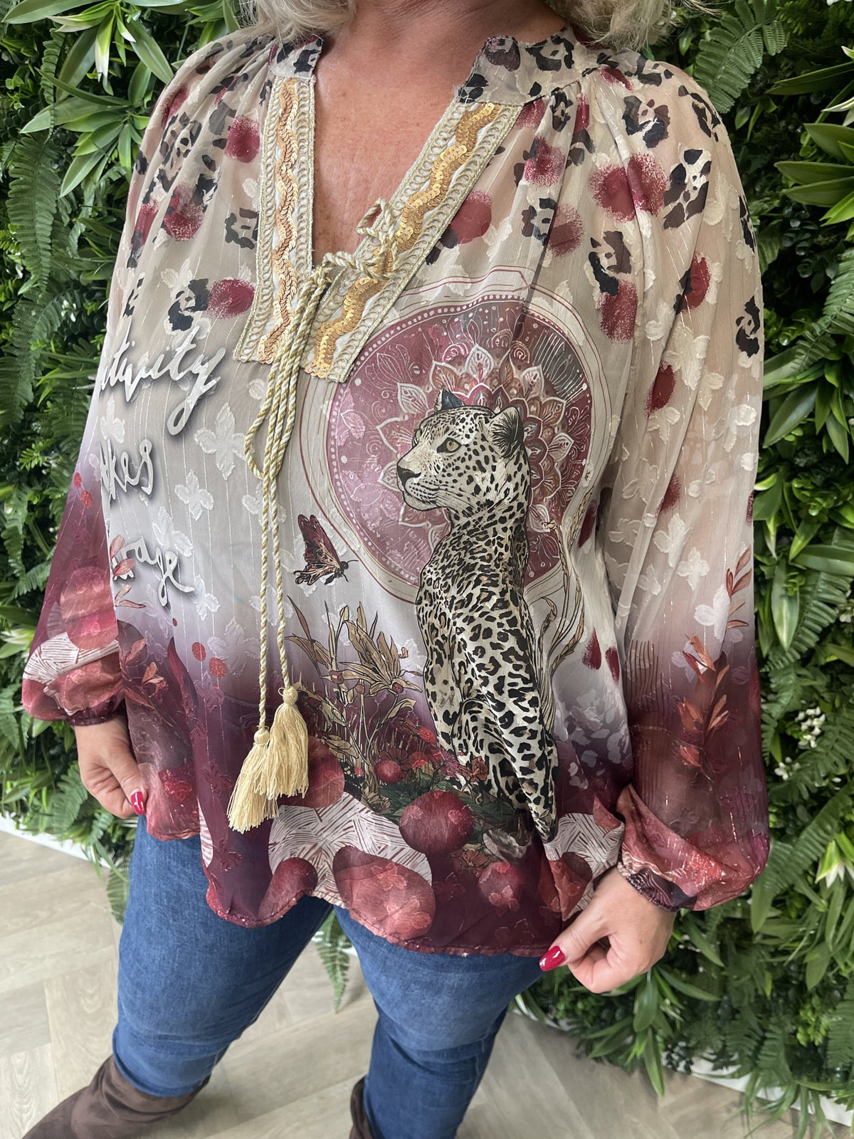 Blouse mixed prints beige/bordeaux