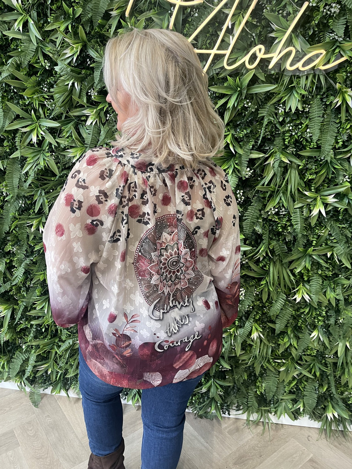 Blouse mixed prints beige/bordeaux
