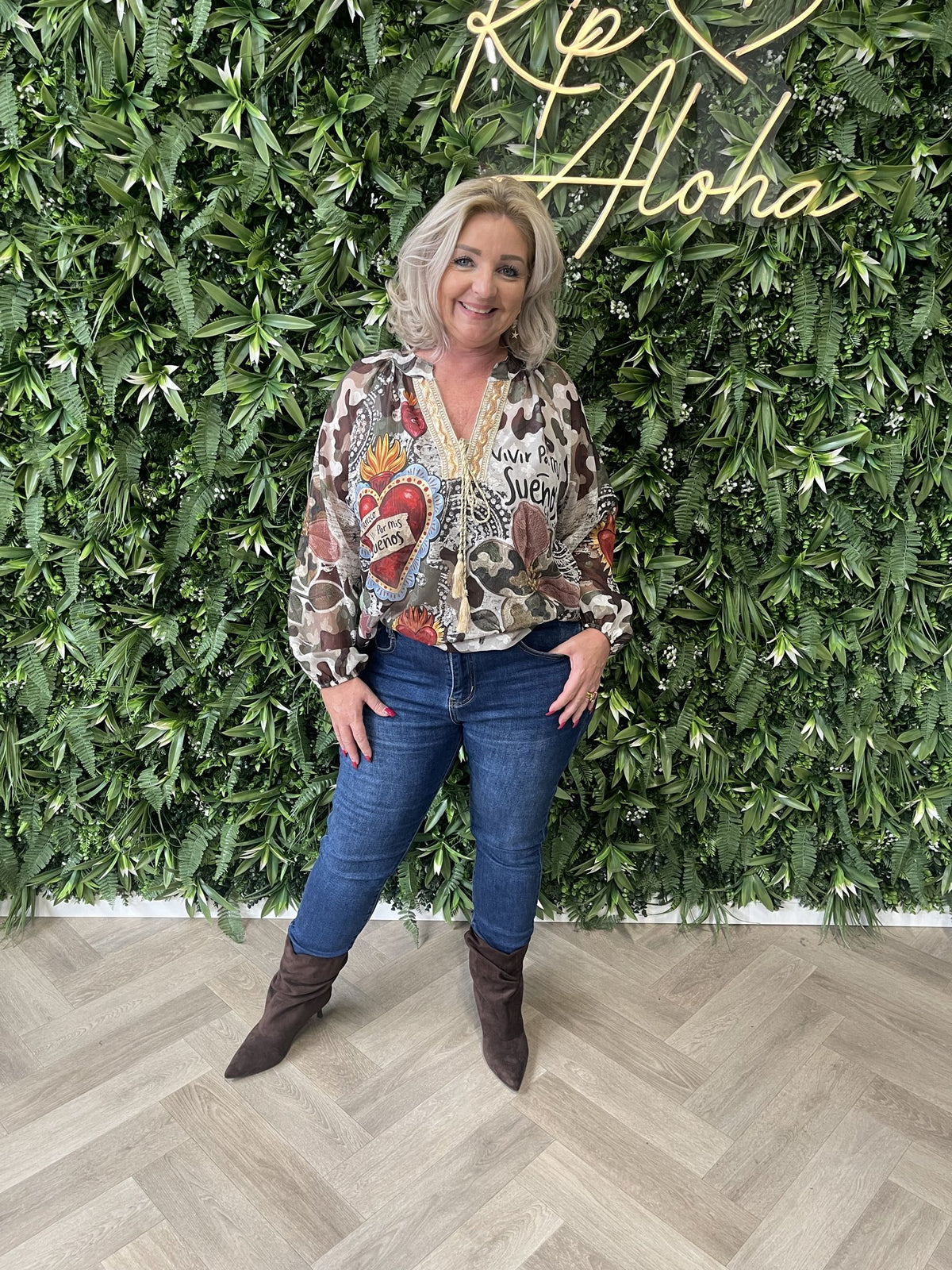 Blouse mixed prints legergroen/bruin