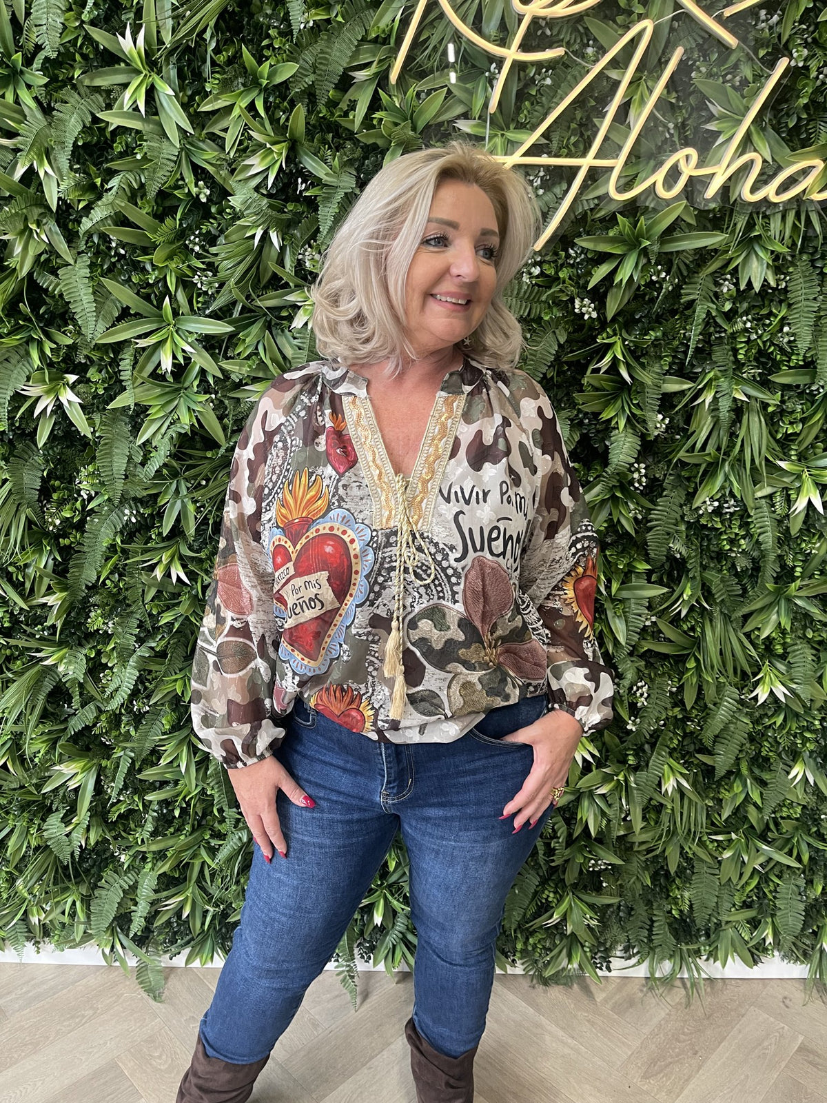 Blouse mixed prints legergroen/bruin