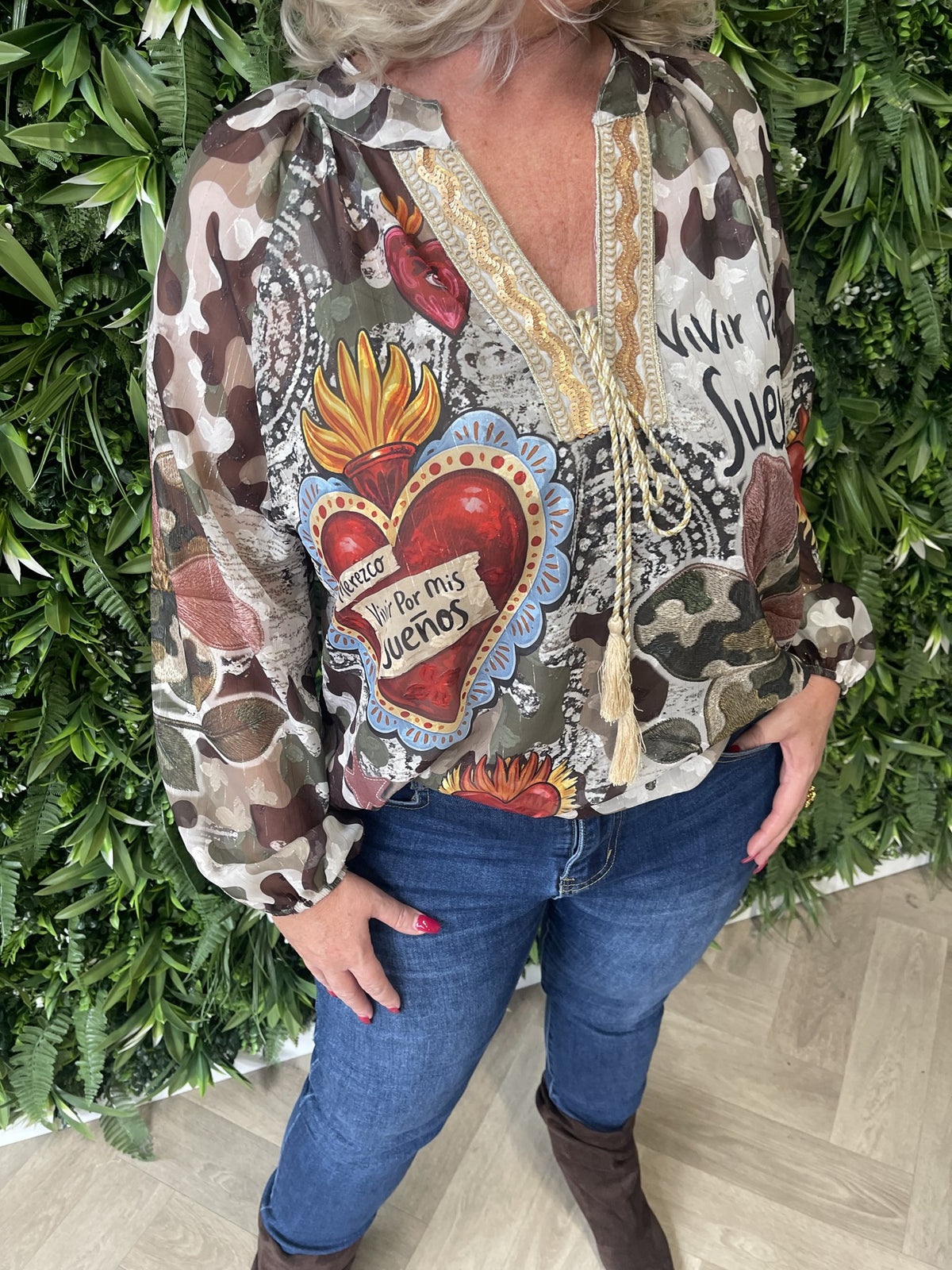 Blouse mixed prints legergroen/bruin