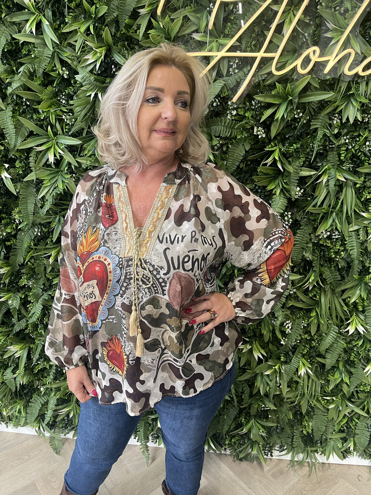 Blouse mixed prints legergroen/bruin
