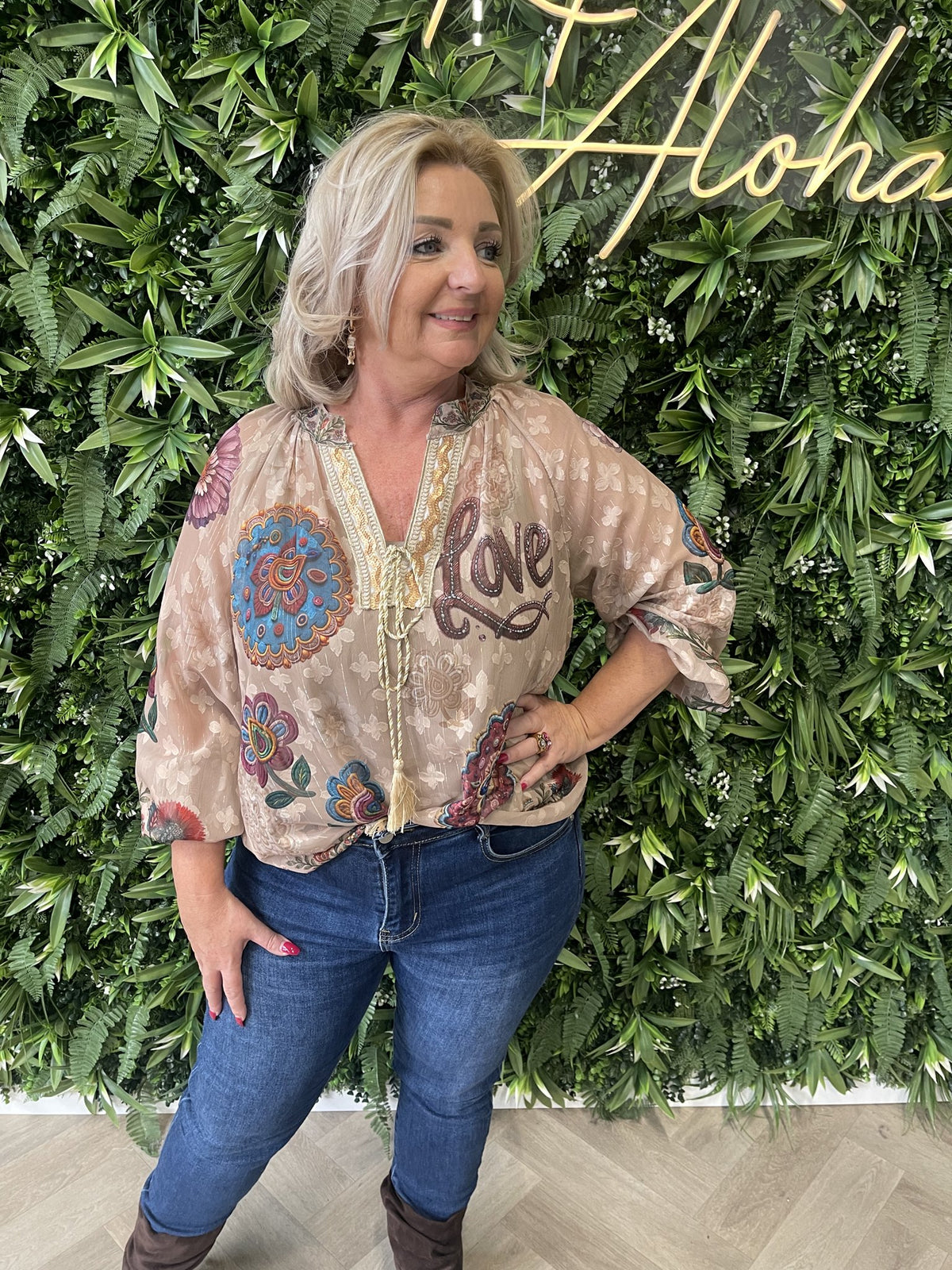 Blouse mixed prints beige/blauw