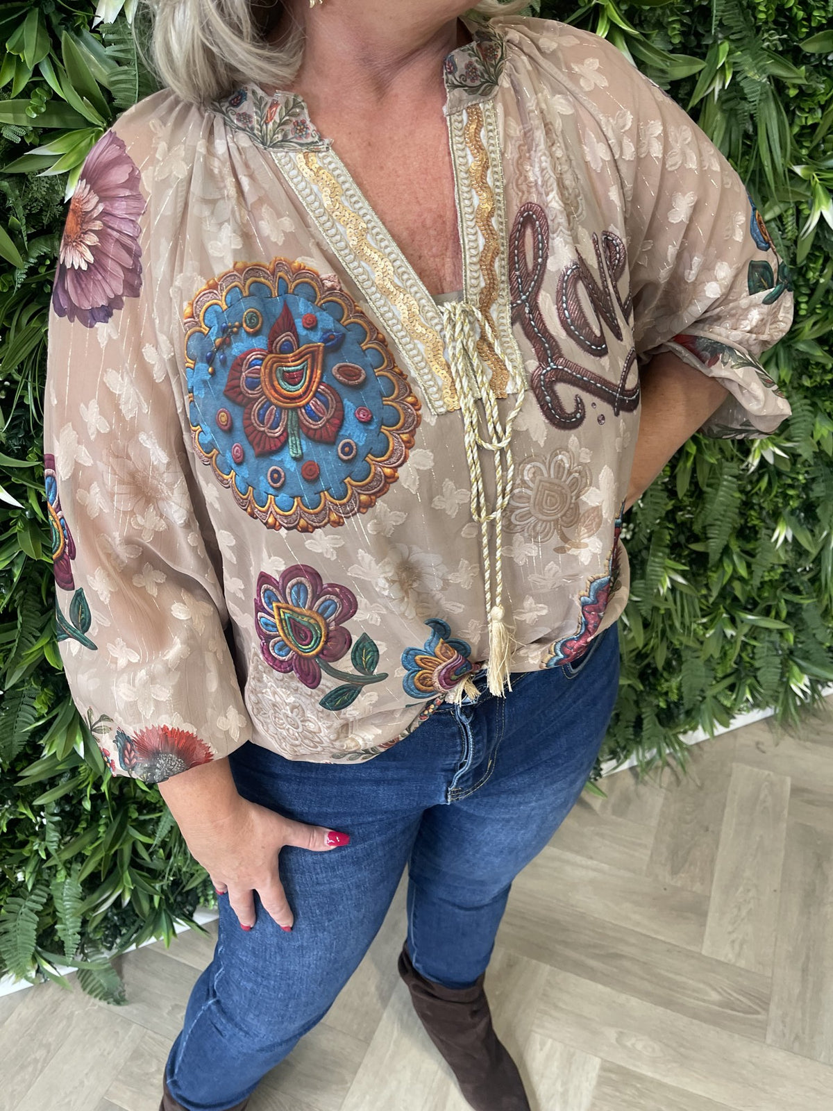 Blouse mixed prints beige/blauw