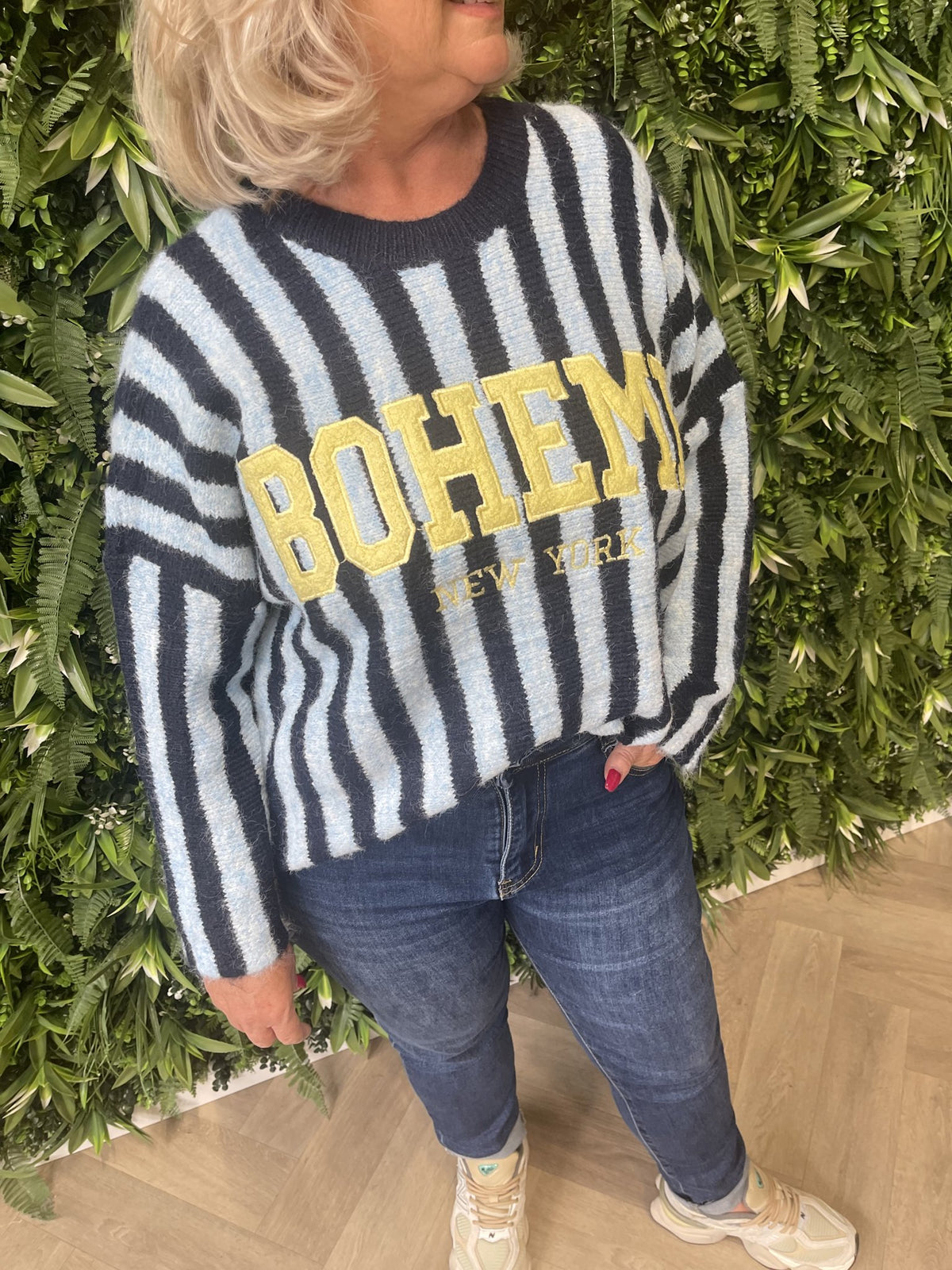 Gebreide sweater strepen Boheme marineblauw/lichtblauw
